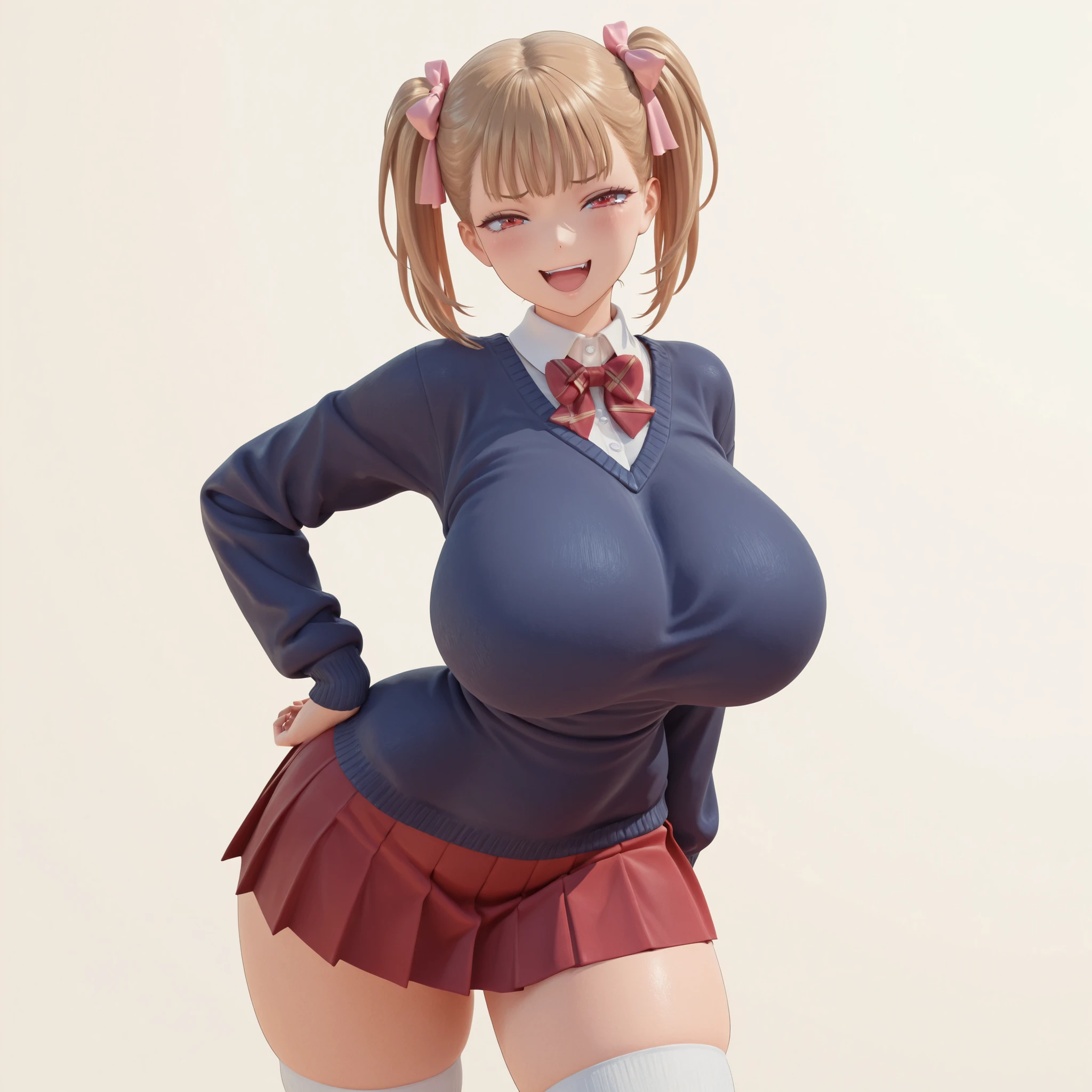 masterpiece, ultra-HD, impressionism, high detail, best quality, very aesthetic, 8K, best quality, beautiful, ultra-high resolution, 32K UHD, 3D, 1girl, solo, Rumi, light brown hair, twin pigtails, middle bangs, hair ribbons, pink ribbons, red eyes, eyelashes, huge breasts, narrow waist, wide hips, thick thighs, shapely legs, slim, white buttoned shirt, shirt collar, red bowtie, red pleated skirt, navy blue sweater, white thigh high socks, blushed, smug, smirk, laughing, cute, hand on hips, standing, looking at the viewer, simple background, front view
