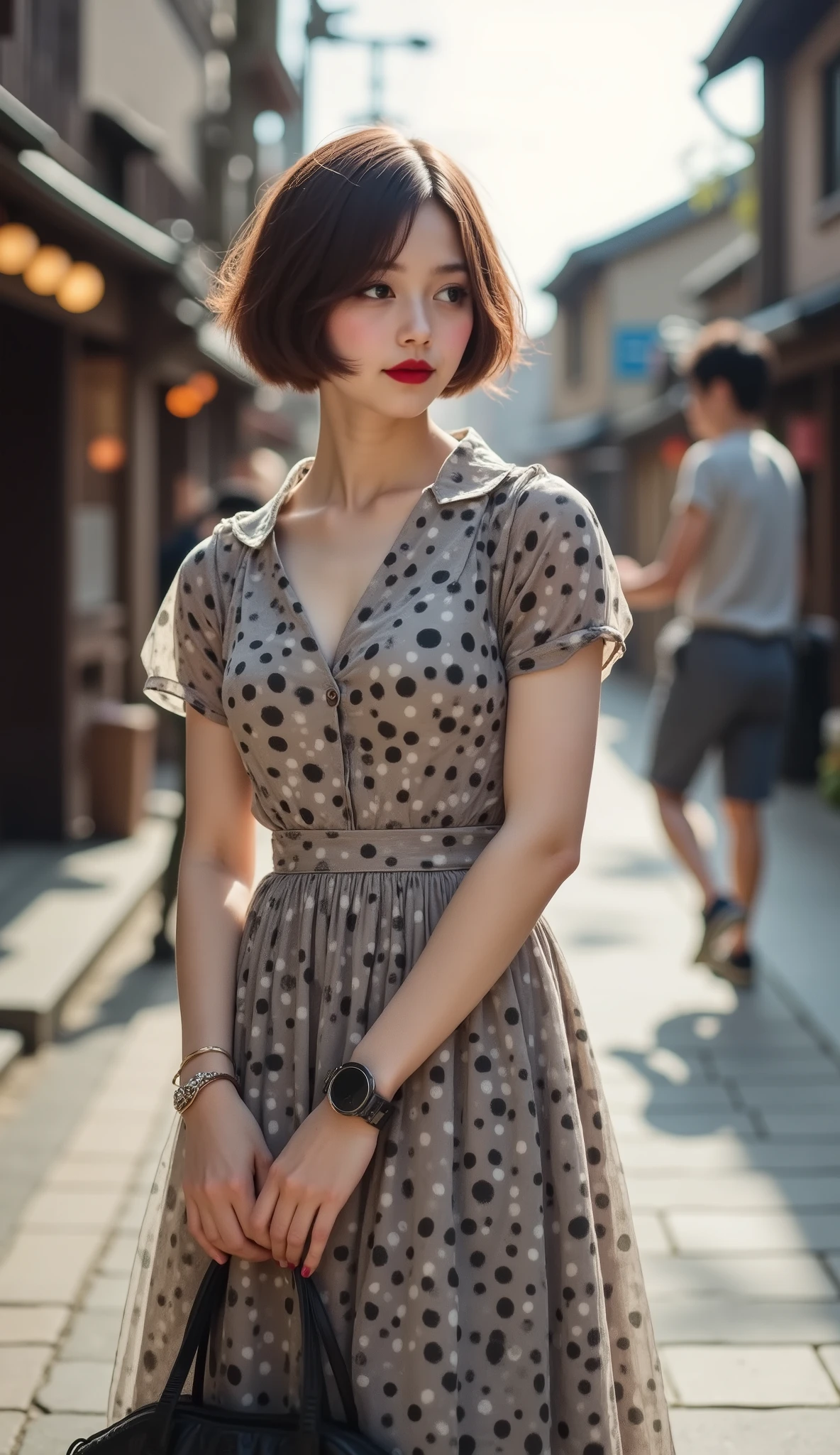 8k, masterpiece, Highest Quality, full shot, 1950s-style retro Japanese girl。polka dot pattern large hem dress retro dress、 retro hairstyle 、She's wearing a red lip。she's smiling happily、The background is Gion's main street in Higashiyama Ward, Kyoto City, Kyoto Prefecture、 and the overall tone is warm.、It has a nostalgic vibe。