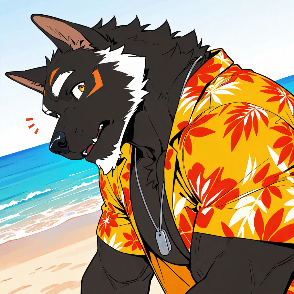 furry,kemono,anthro,
werewolf,wolf ears,wolf tail, dark grey/white fur,blue eyes,
posing cutely on beach,
wearing open floral shirt, matching floral swimming trunks with giant bulge and beaded anklet,
pawpads,pink pawpads,
sunny day, alone,