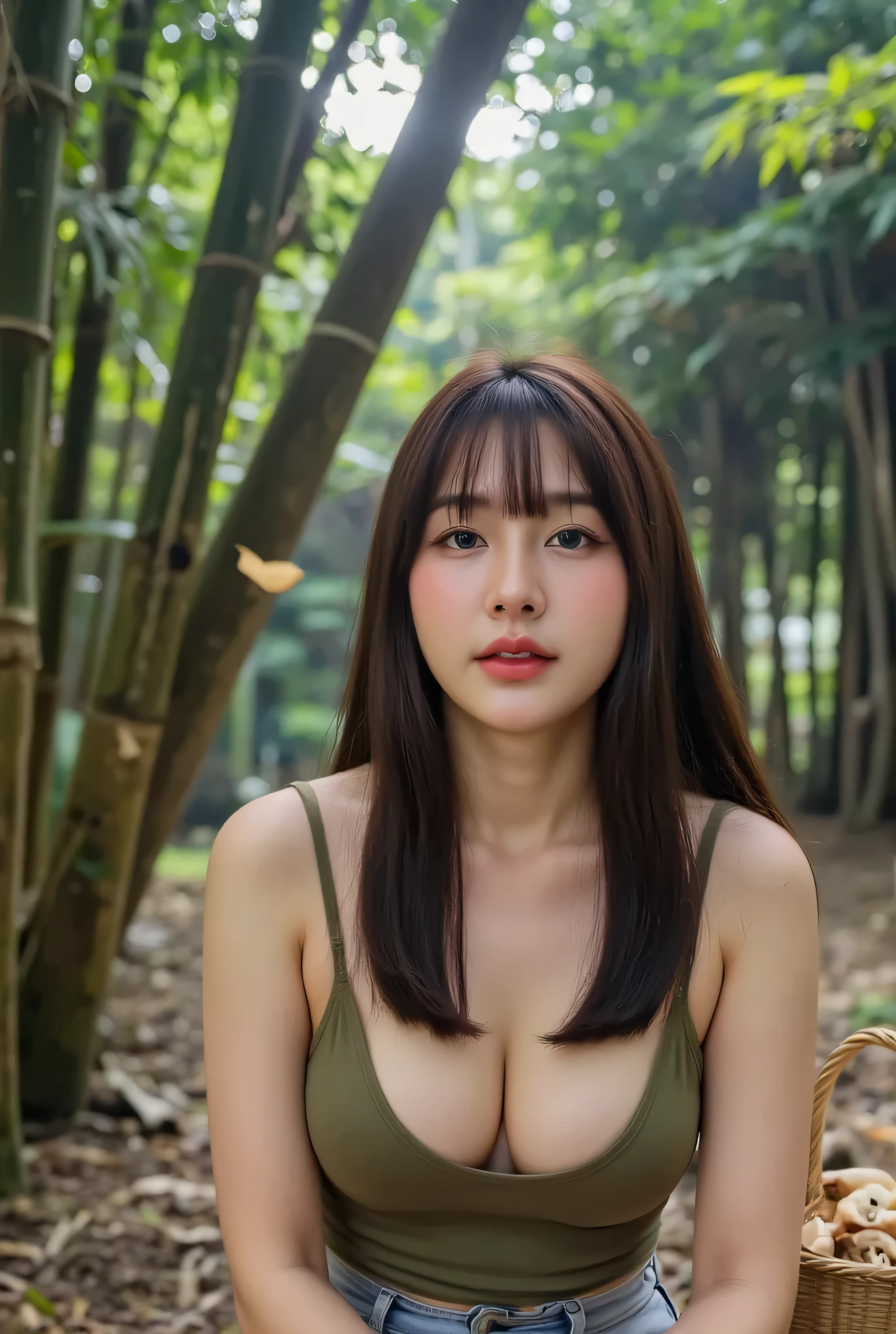 The beautiful Thai woman has sculpted cheekbones and makeup organized and squatted, looking back at the camera with a gentle and tired smile. Her dark straight long hair flows down to naturally cover her shoulders. She wears a tight, greenish red tank top and light gray high-waisted shorts, revealing a figure that Her graceful hand holds a mushroom stuck to the ground beneath a rich bamboo grove beneath a dense, tall bamboo grove, with a nearby wagyu weaving basket to hold the mushrooms. The scene is set in a thick misty bamboo forest, with towering trees and filtered natural light creating realistic shadows. The atmosphere is cinematic. Deep and emotional, with a shallow clear-cut phase, this woman is in Ultra-high-resolution focus and softly blurred background with falling bamboo leaves, artistic portraits, realistic lighting and shadows, high detail, rich gradients, full images convey depth, isolation and hidden strength.