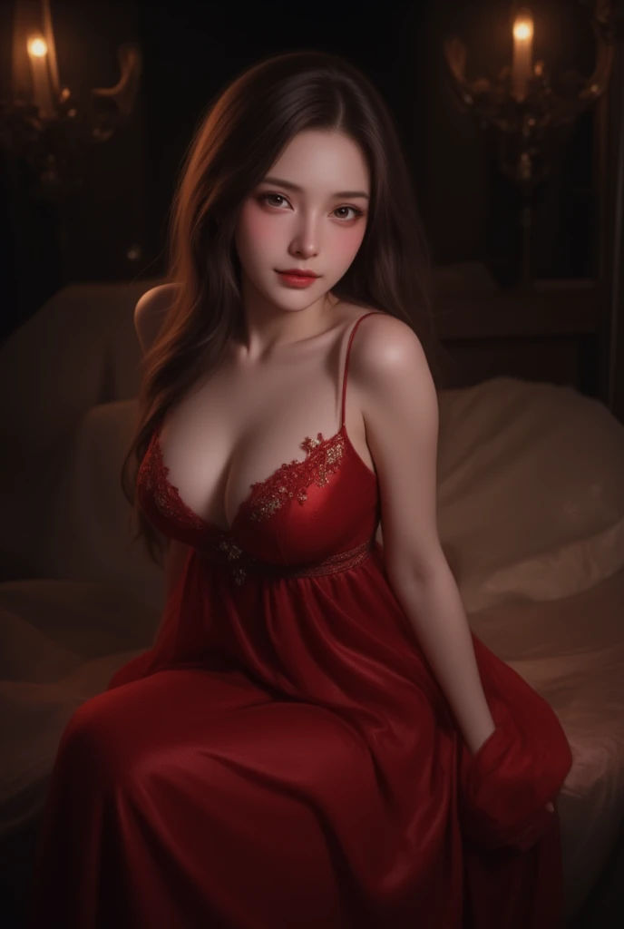 8K, masterpiece, Raw photo, Best quality, Photorealistic, extremely detailed CG unity 8K wallpaper, Depth of field, Cinematic light, lens flare, ray tracing, (incredibly beautiful face, beautiful lips, beautiful eyes), complex facial detail, ((ultra detailed skin)) 1 Girl, in the dark, deep shadow, Beautiful Asian girl, (very slim slim muscular body:1.3), ((I look at the viewer)),(big smile:1.3), (cityscape, blurred background), (Low light, roofs, porchway), beautiful girl, Earrings, bracelets, necklace, clear eyes,foreground, (pale skin), facing forward, (big eyes), ((full body shot)), ((sheer red sleep dress:1.3)), (Brown hair) (I look at the viewer:1.3), open , open navel, , , lace stockings, A hairstyle, bed, sitting, big windows