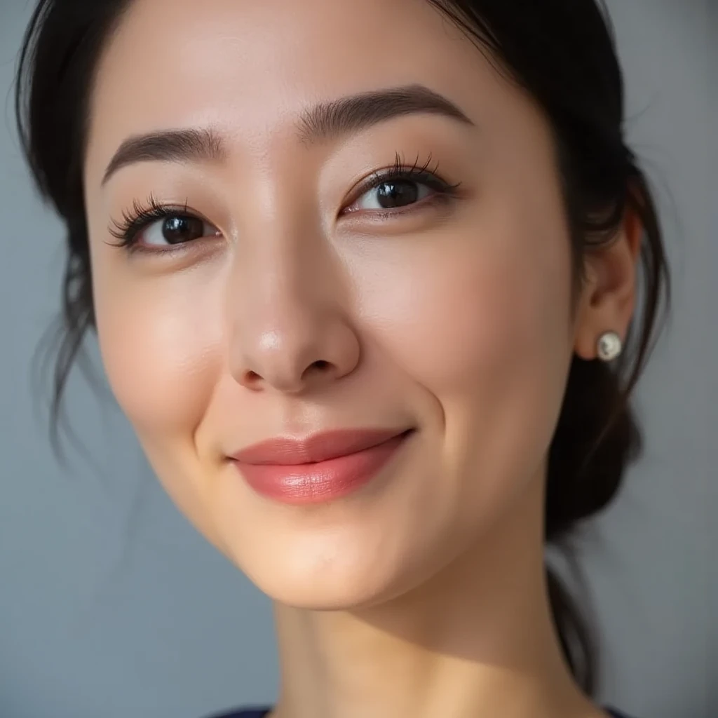 Masterpiece , (8k, RAW photo, photorealistic:1.25) ,( lipgloss, eyelashes, gloss-face, glossy skin, best quality, ultra highres, depth of field, chromatic aberration, caustics, Broad lighting, natural shading) looking at viewer with a serene and goddess-like happiness, sexy, realistic,photorealistic, close-up, short hair,(sweet smile),((closed mouth)),  looking at viewer,standing, simply background , beautiful eyes, (38 years old, youngish :1.2), baby face, flat chest, glossy skin, (perfect ), , 