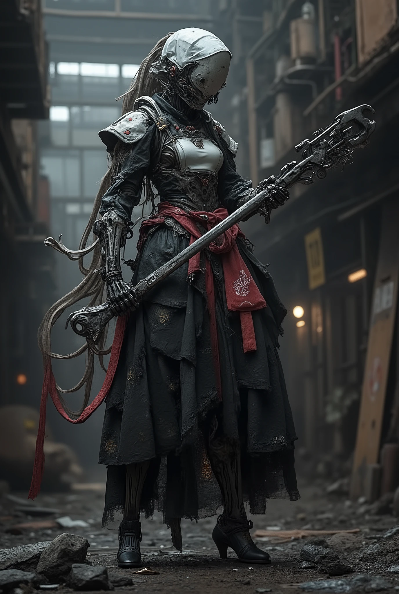 JA,((masterpiece)),((best quality)),((high detail)),((realistic)),
dystopian cyberpunk maid robot, gothic maid uniform combined with mechanical exoskeleton, oil-stained apron, neon accents, exposed wires and gears, holding a wrench like a weapon, standing in a ruined factory, moody cinematic lighting, dark futuristic atmosphere, ultra detailed. full body
