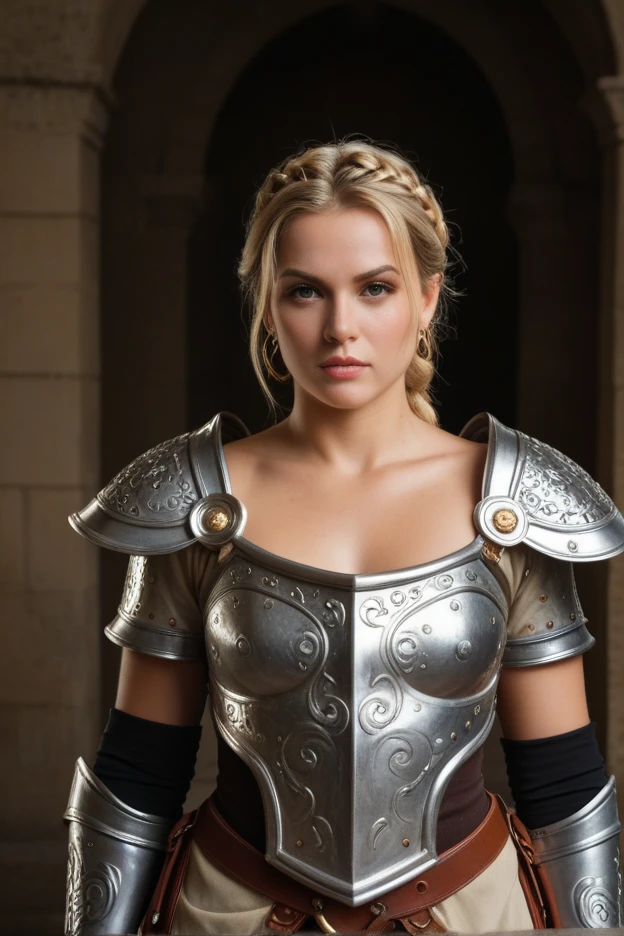 Best quality, high resolution, Hyper realistic, 1 elf warrior queen wearing heavy knight armor, a detailed beautiful face, long blonde wavy hair, wide hips, Smiling, sword, luxurious detailed armor with gold accents,
