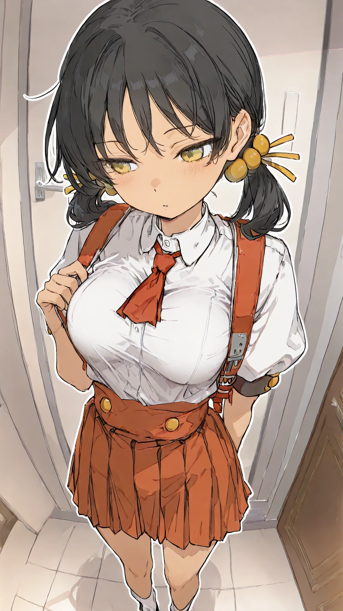 ,(kaaiyuki-default,kaai yuki,yellow eyes,black hair,short low twintails,) 、。Lori Big Breasts、elementary school student、soft touch、Circle々The outline of the face。Standing picture。