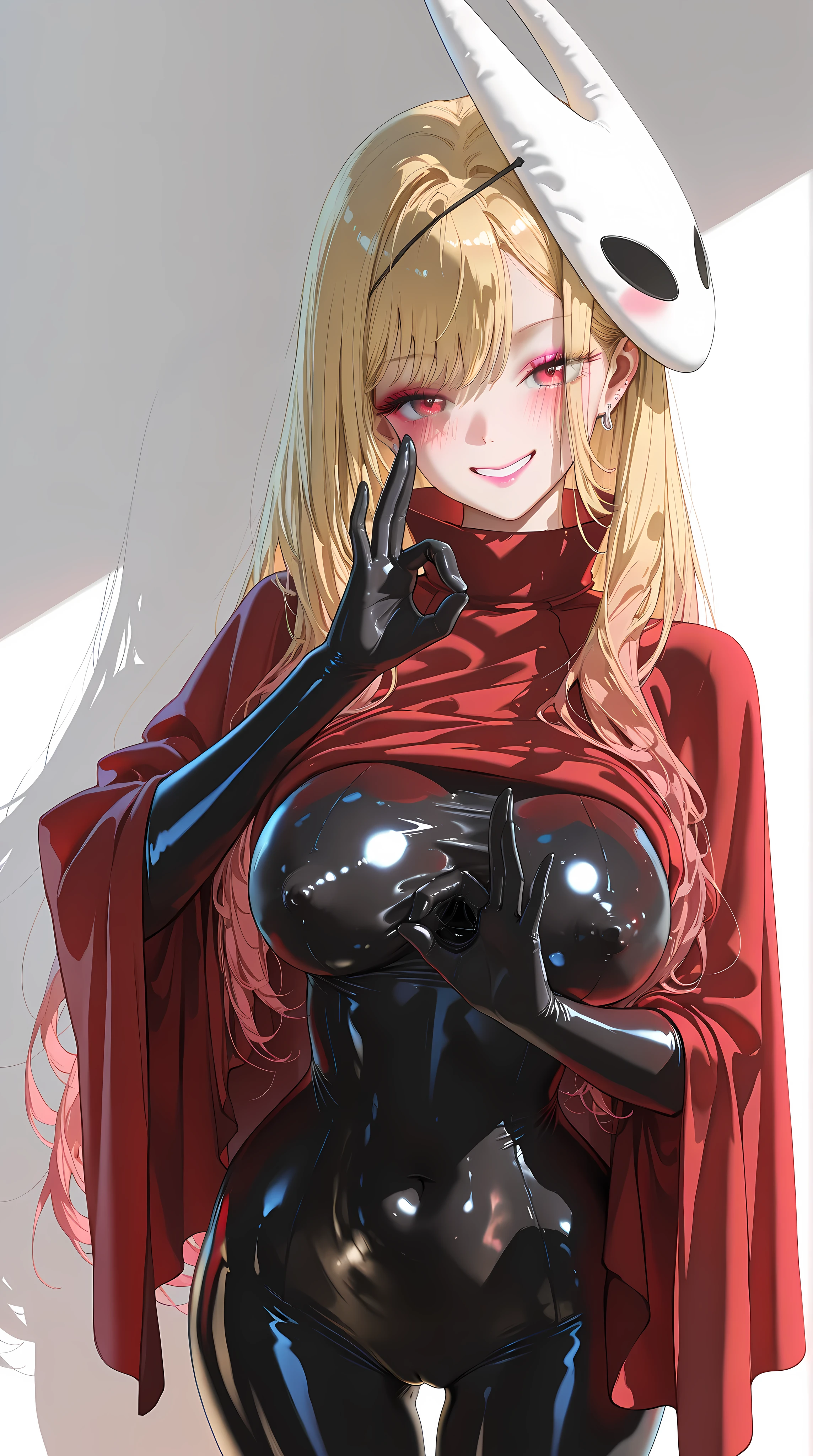 red poncho, skintight bodysuit, skindentation, black latex bodysuit, black gloves, black heelsuit, high heels bodysuit, hornet white mask,mask on head,1girl,(Marin Kitagawa),(mature female),blond hair,long hair,red eyes,solo,blush,makeup,pink lip,seductive grin,white background,large breasts,erect nipples,cameltoe,motherly,mature face,looking at viewer,paizuri  gesture,masterpiece,best quality,newest,highres,absurdres,very awa,shiny skin,(oiled),(WANKE:0.8),(artist:reoen:0.6),(artist:ningen_mame:0.9),(artist:sho_(sho_lwlw):0.6),(artist:rhasta:0.9),(artist:wlop:0.4),(artist:ke-ta:0.6),(tianliang duohe fangdongye:0.5),(hiten \\(hitenkei\\):0.6),best quality,amazing quality,(artist:onineko:0.7),anime coloring,nsfw