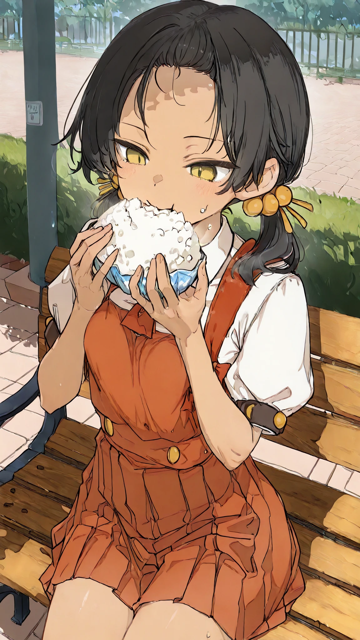 ,(kaaiyuki-default,kaai yuki,yellow eyes,black hair,short low twintails,) 、Beautiful Breasts(Just the right average size)、Elementary School Looks Like。soft touch、Slender facial contours、beautiful body balance of about 7 lives。Eating rice balls on a bench outdoors