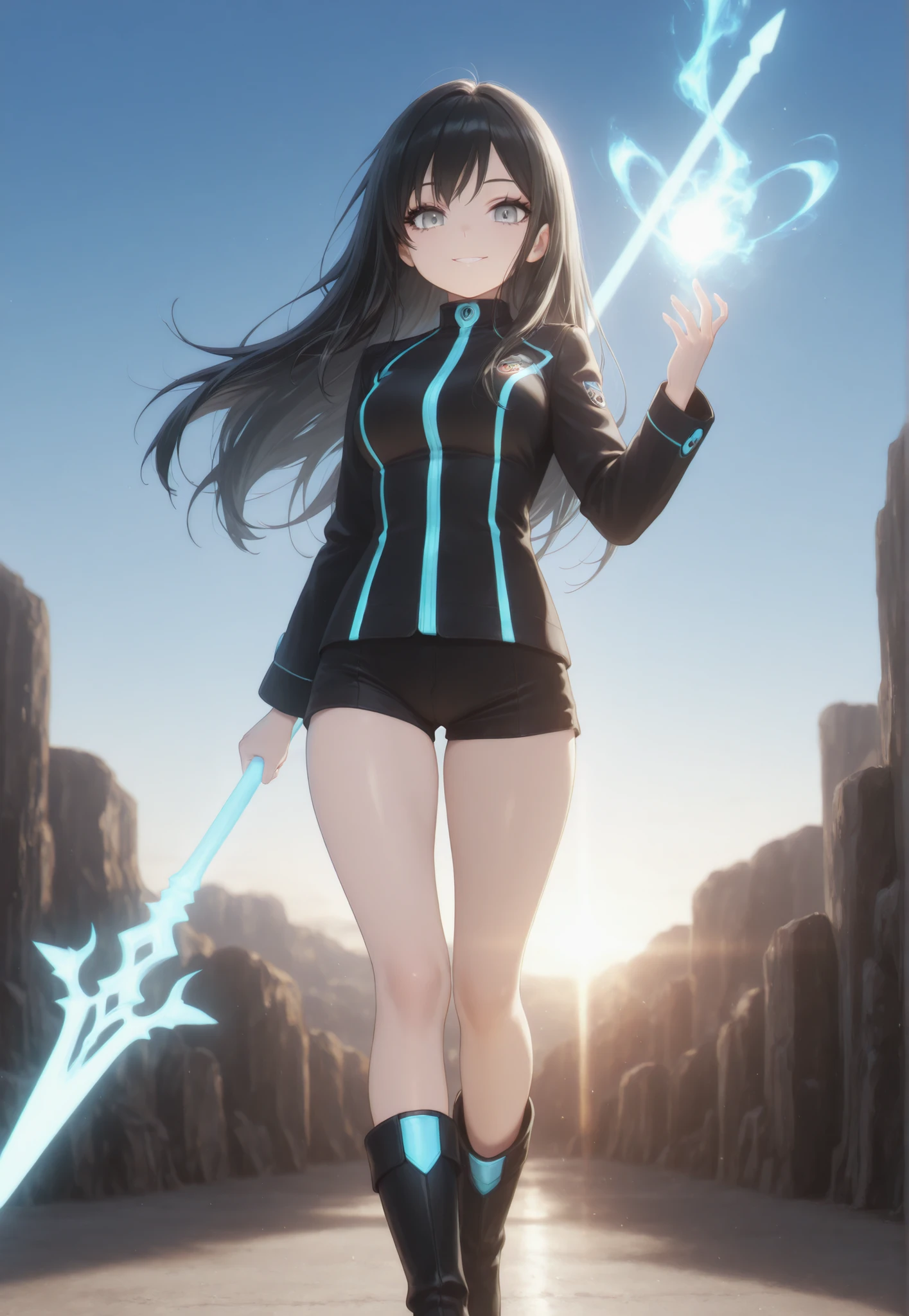 Masterpiece, High quality, Newest, Safe, Good anatomy, High resolution, Good lighting. Beautiful, Anime. Long black hair. Light gray eyes, Genuine smile. Black eyelashes, Clear skin, Slim build, Medium breasts Size C. She is 18 years old and 1.58 meters tall. Alone, looking at the viewer. Background: Blue sky and shining sun. Wearing: Black jacket with blue details, black shorts, high black boots with a light-colored detail at the top. She Manipulates Powerful Light Magic, Light Magic:Bright Long Spear.