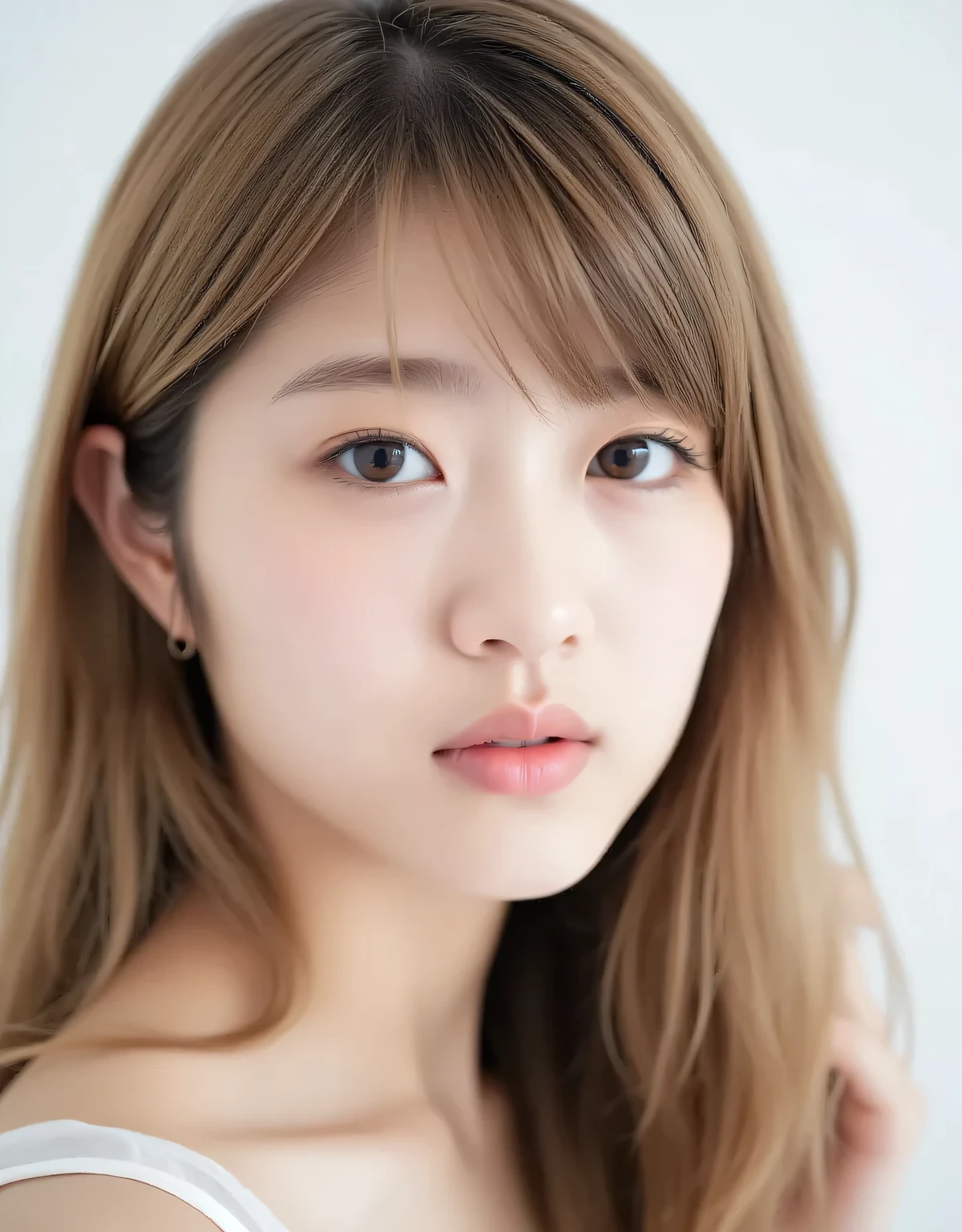 Raw photo, reality, ((staring)), ((focus on face)), ((close-up)), front view, Japanese woman, smiling yang, ((blonde medium-long hair, wavy hair,)), off-the-shoulder, unedited, live-action, authentic, cute young girl, beautifully reflective eyes, beautifully detailed lips, very delicate eyes and face, long eyelashes, faint smiling yang, simple white background, natural light