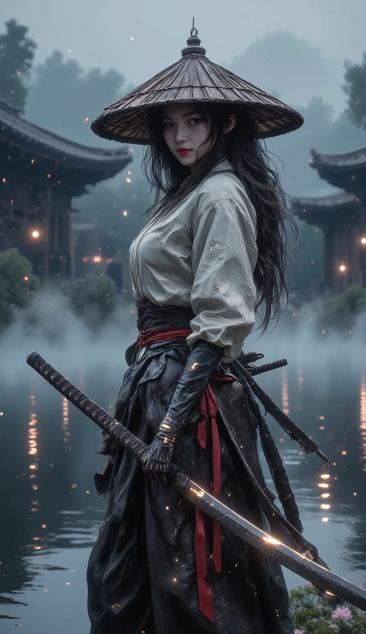 ((Masterpiece, ultra-detailed CG 8K wallpaper, cinematic samurai lighting)), (a lone female Ronin stands at the edge of a misty riverbank beneath falling cherry blossoms, gripping her sheathed katana with one hand:1.3), (her tattered kimono layered with leather armor pieces, strands of her long dark hair escaping from under a weathered straw hat), (a crimson ribbon tied around her wrist flutters in the cold breeze, symbol of her fallen clan), (behind her, the ruins of a burned village glow faintly, fireflies hovering above still water), (expression calm but resolute, aura of grace wrapped in danger), atmosphere of solitude, warrior’s honor, beauty in silence, cinematic moment of strength and sorrow