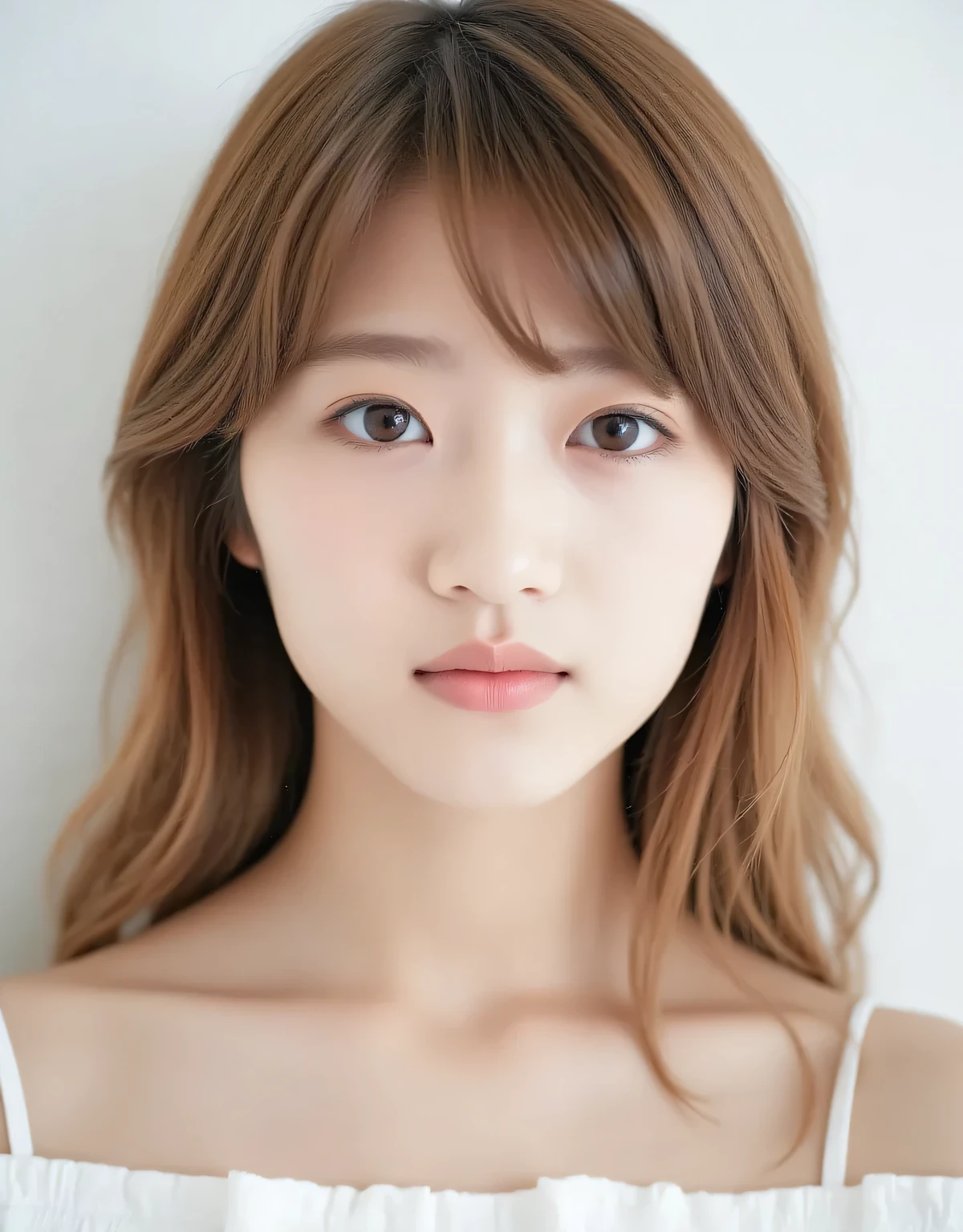 Raw photo, reality, ((staring)), ((focus on face)), ((close-up)), front view, Japanese woman, smiling yang, ((blonde medium-long hair, wavy hair,)), off-the-shoulder, unedited, live-action, authentic, cute young girl, beautifully reflective eyes, beautifully detailed lips, very delicate eyes and face, long eyelashes, faint smiling yang, simple white background, natural light