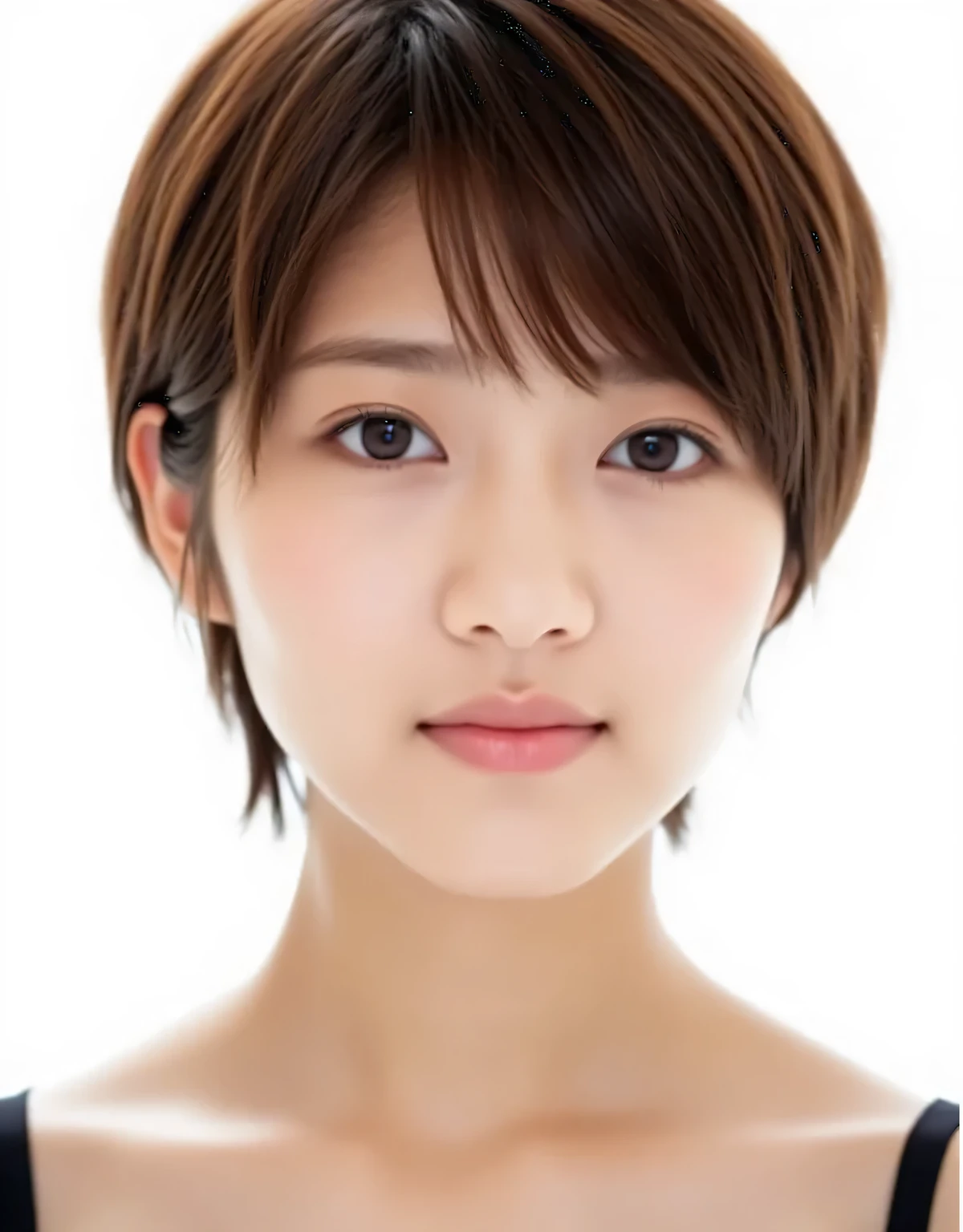 Raw photo, reality, ((staring)), ((focus on face)), ((close-up)), front view, Japanese woman, smiling in the sun, ((brown hair color, short hair, hairstyle)), tank top, beautiful collarbone, unedited, live action, authentic, cute young girl, beautifully reflective eyes, beautifully detailed lips, very delicate eyes and face, long eyelashes, smiling in the faint sun, simple white background, natural light