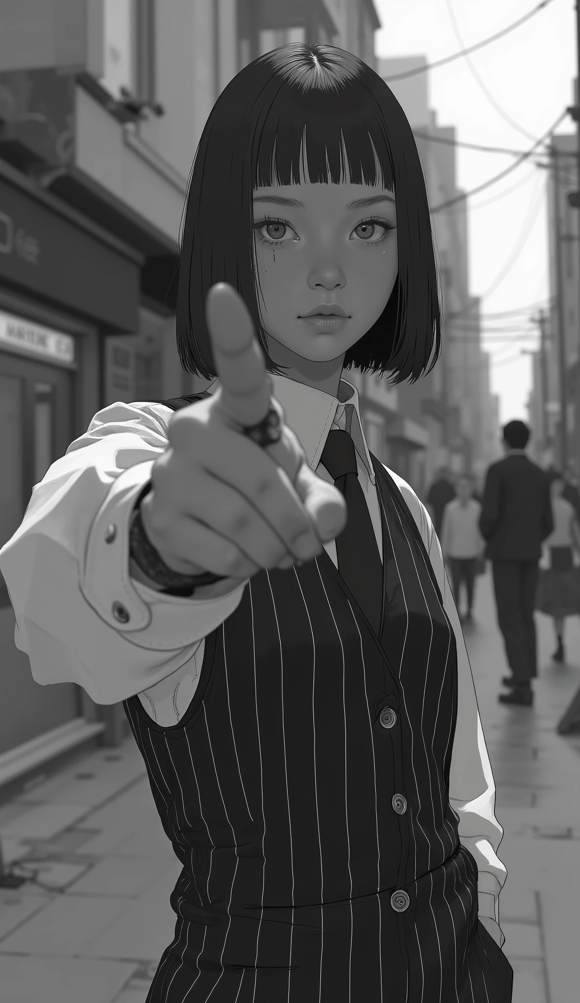 An individual is captured in a black and white photograph, exuding a classic and timeless feel. The person is positioned in a medium close-up view, wearing a formal outfit consisting of a pinstriped vest over a white dress shirt, along with a tie that adds an element of professionalism. The left arm is extended forward, with the index finger pointing directly towards the camera, creating a sense of engagement with the viewer. The hair is neatly styled, suggesting an attention to detail and grooming. The background is blurred, hinting at an outdoor setting, possibly in an urban environment, given the indistinct structures and people in the distance. The overall mood is dynamic and assertive, with a focus on the subject's gesture, which conveys a sense of command or call to action. The composition emphasizes the gesture and attire, portraying a moment that is both immediate and impactful.