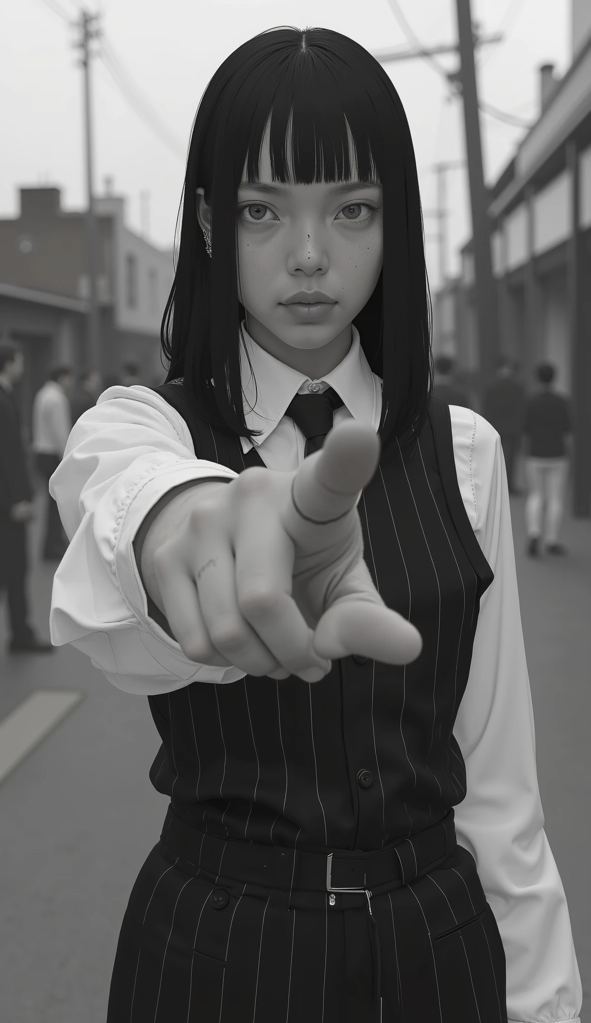 An individual is captured in a black and white photograph, exuding a classic and timeless feel. The person is positioned in a medium close-up view, wearing a formal outfit consisting of a pinstriped vest over a white dress shirt, along with a tie that adds an element of professionalism. The left arm is extended forward, with the index finger pointing directly towards the camera, creating a sense of engagement with the viewer. The hair is neatly styled, suggesting an attention to detail and grooming. The background is blurred, hinting at an outdoor setting, possibly in an urban environment, given the indistinct structures and people in the distance. The overall mood is dynamic and assertive, with a focus on the subject's gesture, which conveys a sense of command or call to action. The composition emphasizes the gesture and attire, portraying a moment that is both immediate and impactful.