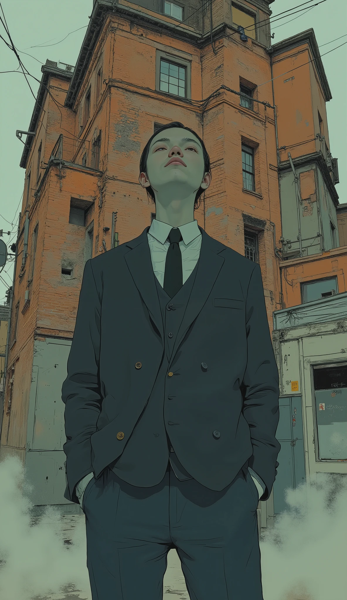 A man in a suit and tie is standing in front of a brick building, Osamu Tezuka, Tsutomu Kitazawa, tomoyuki yamasaki, shinya tsukamoto, Working Niehi , Tsubasa Hanekawa, Tatsuya Endo, Araki, Ishinomori Shotaro , Akio Watanabe