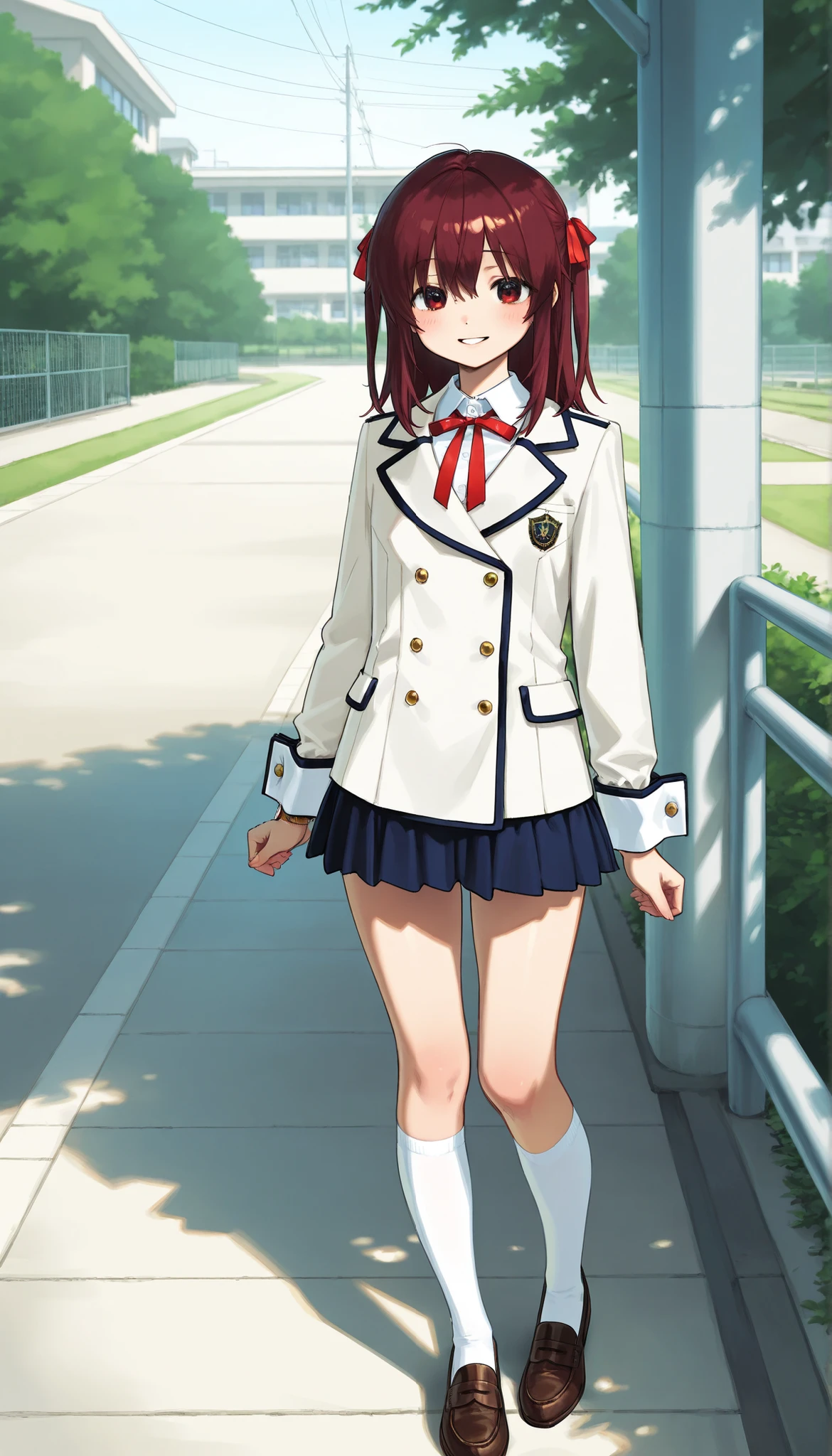 Daily life of a female high school student,Scenery of leaving school,white shirt blouse,Large red ribbon tie,white double breasted jacket,big cuffs,mini skirt,White Knee High Socks,Brown Loafers,Gentle smile,watch viewers
