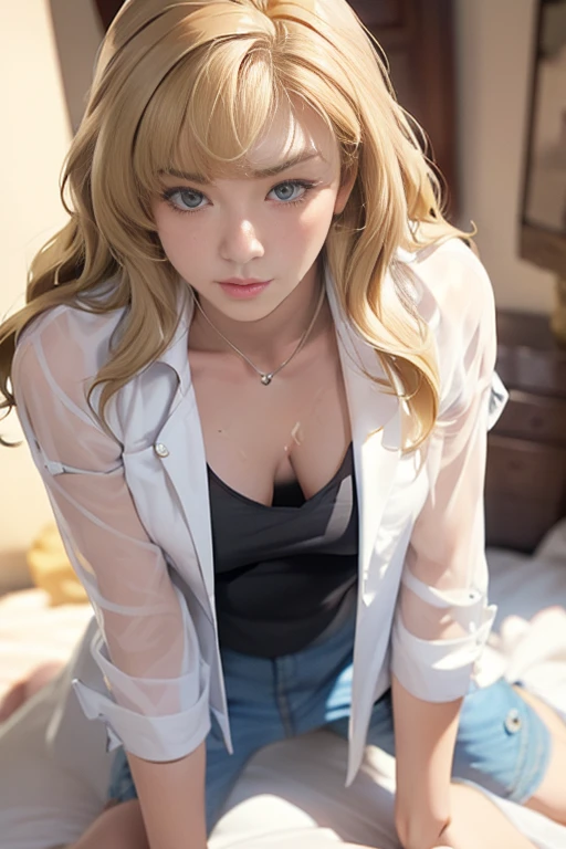 (masterpiece:1.2, best quality), (real picture, intricate details), 1lady, solo, sitting on couch, wide , wear a loose shirt, an unbuttoned button, wear miniskirt, showing  , long hair, minimal makeup, detailed face, beautiful,  look, smiling, really long light platinum blonde hair, long hair, bangs, hair between eyes, green eyes, modern home interior (3D)