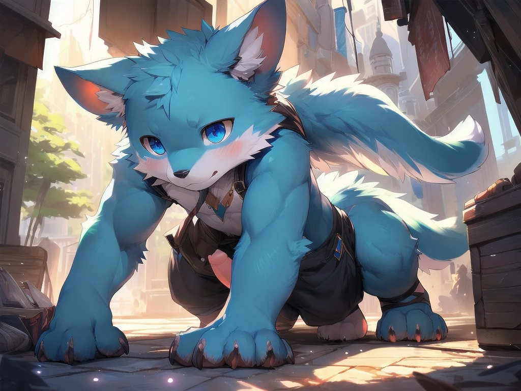 ,white backhoe,light blue white tiger pattern,long white tiger tail,yellow left eye,light blue right eye,blue eyebrows,Light blue hair,Long hair,white bandage on left arm,white bandage on right arm,serious look,,gay,,a little angry,Exposing,,,sweat flow,gay,stand muscle,, 