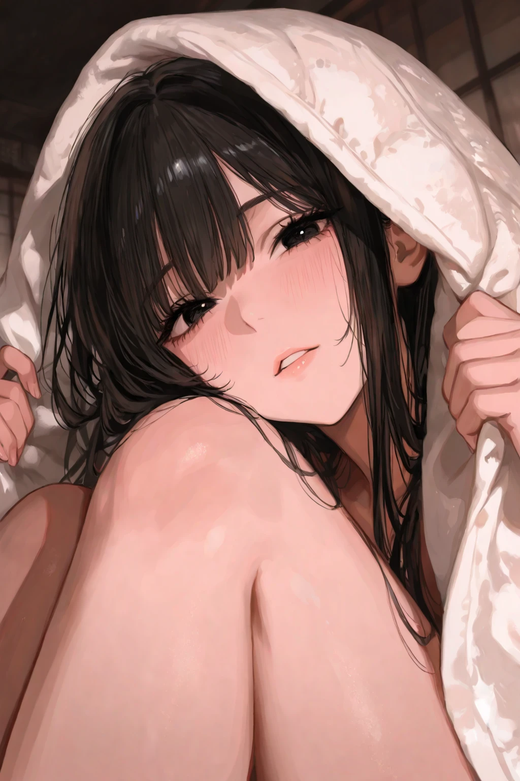 ((:1.5))、top-quality、Full limbs、complete fingers、((Male and female couples))、Naked men and women、Slender 25 Year Old Beauty、Women with straight hair、brown haired woman、Beautiful Large Breasts、Her house、girl's own room、a bed、((Woman is blushing))、(Woman with embarrassed face、Woman with a nervous face))、Man sleeping on bed、Woman straddling sleeping man、Man pulling a woman's arm、A man's  is in close contact with a woman's crotch、(((Man and woman having  in cowgirl position)))、We love each other、heart、ssex、lascivious、sexual act、((A man inserts his  into a woman's vagina))、((Woman is blushing))、Women suffer、(The woman is panting heavily:1.5)、Women sweat profusely、Wet texture