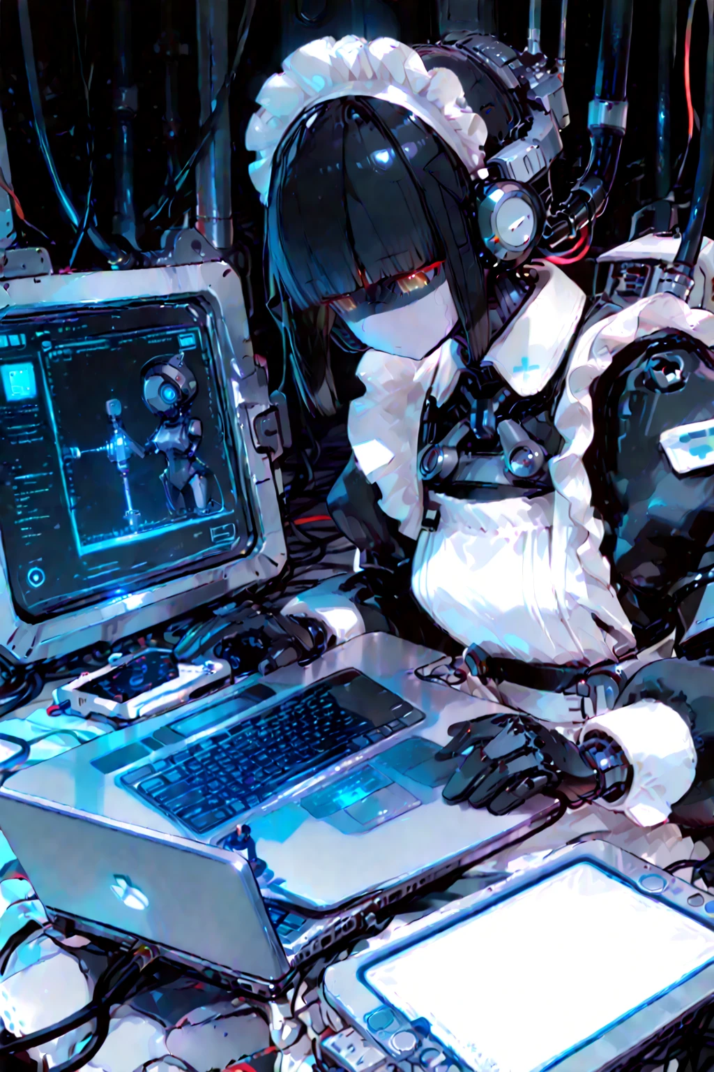 (((Tabletop))), (((Highest quality))), ((Super detailed)), (High quality CG illustration), ((Very delicate and beautiful)), Cinematic Light,((1 Mecha Woman)),alone,mature,plump, whole body,(Machine made joints:1.2),((Mechanical marginal vessels connected to tubes),((Cervical vertebrae mechanically attached to the neck)),(Sitting),Expressionless,(Wires and cables around the neck:1.2),(Overhead wires and cables:1.2)(Character Focus),sf,Very detailed,colorful,Best details,There is a guitar