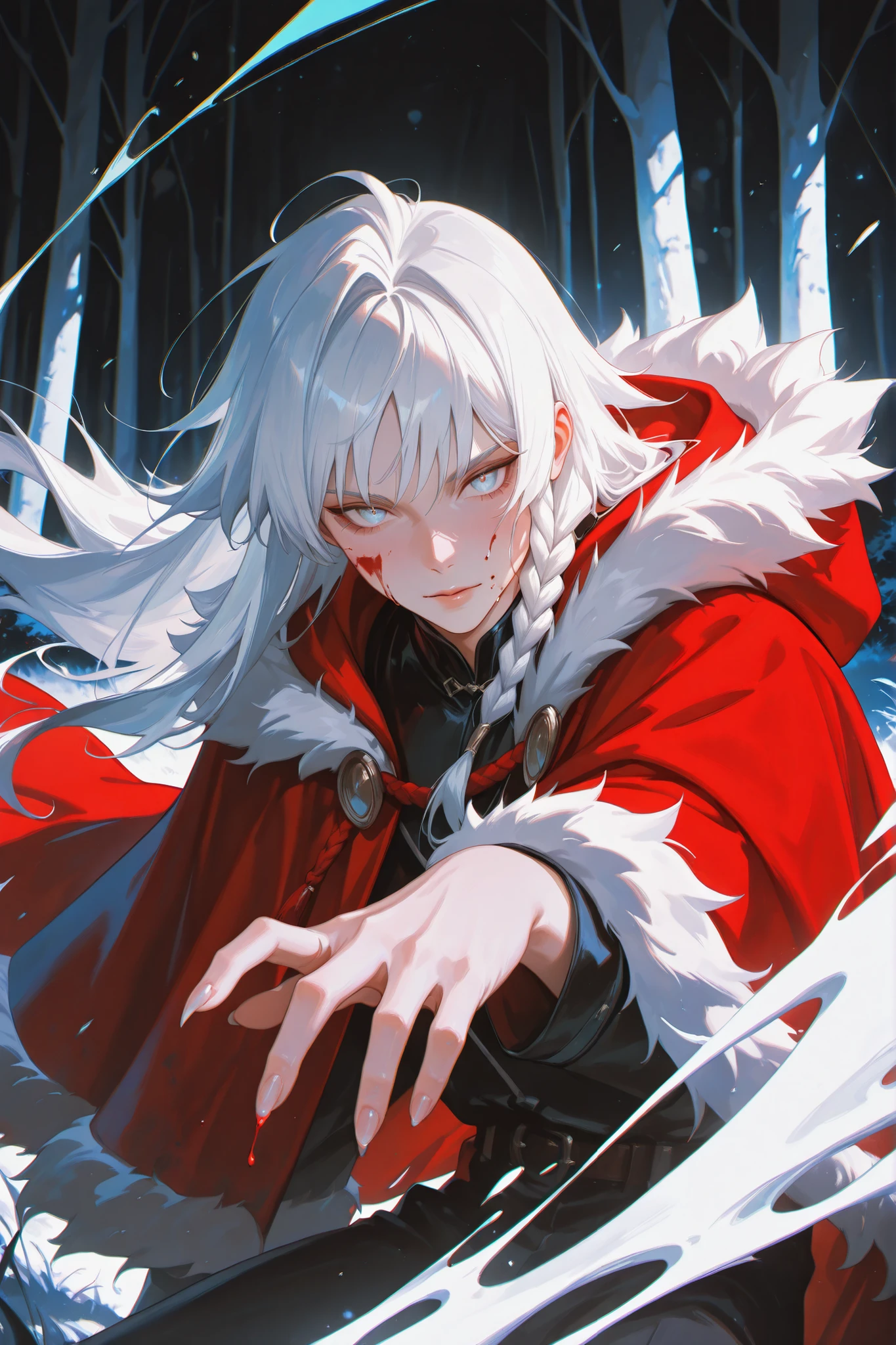 neobold2, painterly_style, moody_atmosphere, Solo, 1boy, adult male, choppy bangs, long hair, braided hair, white hair, asymmetrical_hair, voluminous hair, vibrant color, flat color, disheveled, red hooded cape, fur trim, white glow body mark, blood, long nails, blood splatter, blood on cheeks, wild, night, black background, forest, ((white trees)), bokeh, (masterpiece, best quality, absurdres, highres), very aesthetic, (((dynamic_pose))), digital art style, drawn aesthetic, digital art style, drawn aesthetic, concept painting,