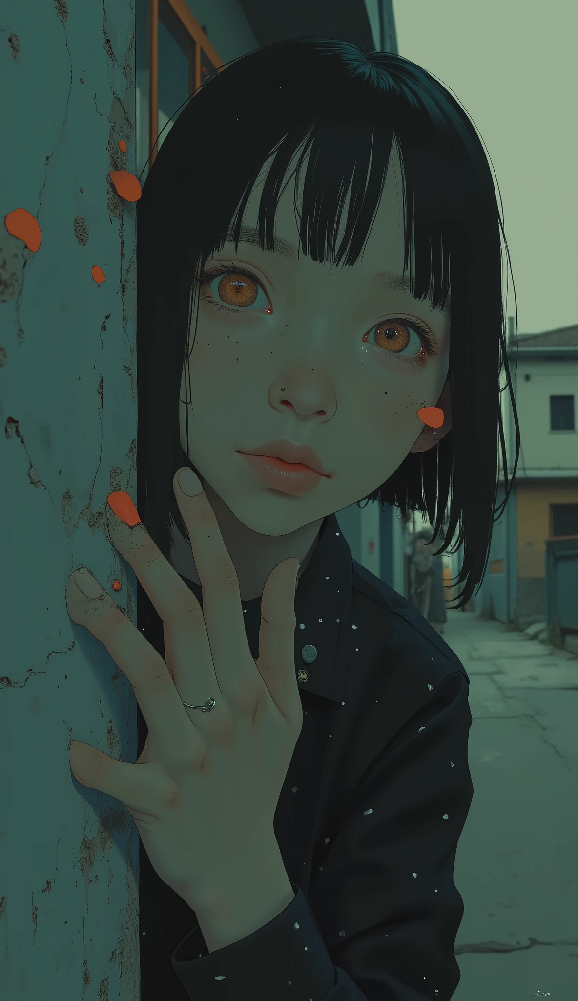 in close-up view、You can see hands that are thoughtfully positioned close to the chin, that accentuate the texture of the hair and the calm tones of the surroundings. dark shirt adorned with a faint white polka dot pattern, image. The lighting is dim. , throws gentle shadows to add a bit of pattern to a moody, introspective atmosphere. in the background 、with nails drawn in contrasting bright red、Slightly textured surface, may be a wall, adds depth without distracting attention from the foreground. soft light from the right side You can clearly see the blurry settings of, slightly disheveled. The composition and lighting evoke a sense of quiet contemplation.