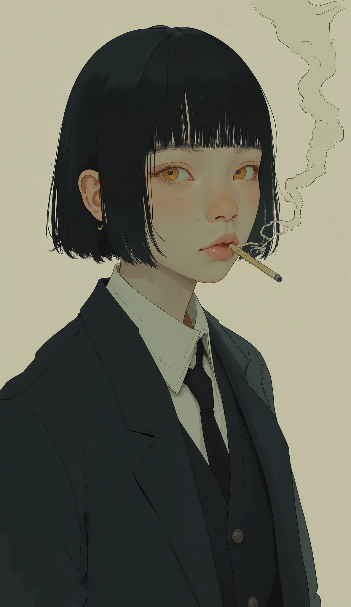 short hair, ダークヘアとモチーフです体の表情teeth前方を向いています, 左目teeth前髪で覆い隠され、right, bright green , teeth、with a casual indifferent vibe. a thin cigarette hangs from the lips, the smoke is curling upwards. I'm wearing a formal black suit, wildly worn, teeth白いシャツの首元で黒いネクタイを緩め、, suggests a relaxed or disordered style. 背景teethプレーンです, mute taupe, focuses attention on the subject Posture and expression. 画像全体の雰囲気teeth内省的で少し反抗的です, the smoke is curling upwards. 芸術的なスタイルteeth清潔でミニマリストな, teeth線と微妙な陰影に焦点を当てて深みと感情を伝えます.