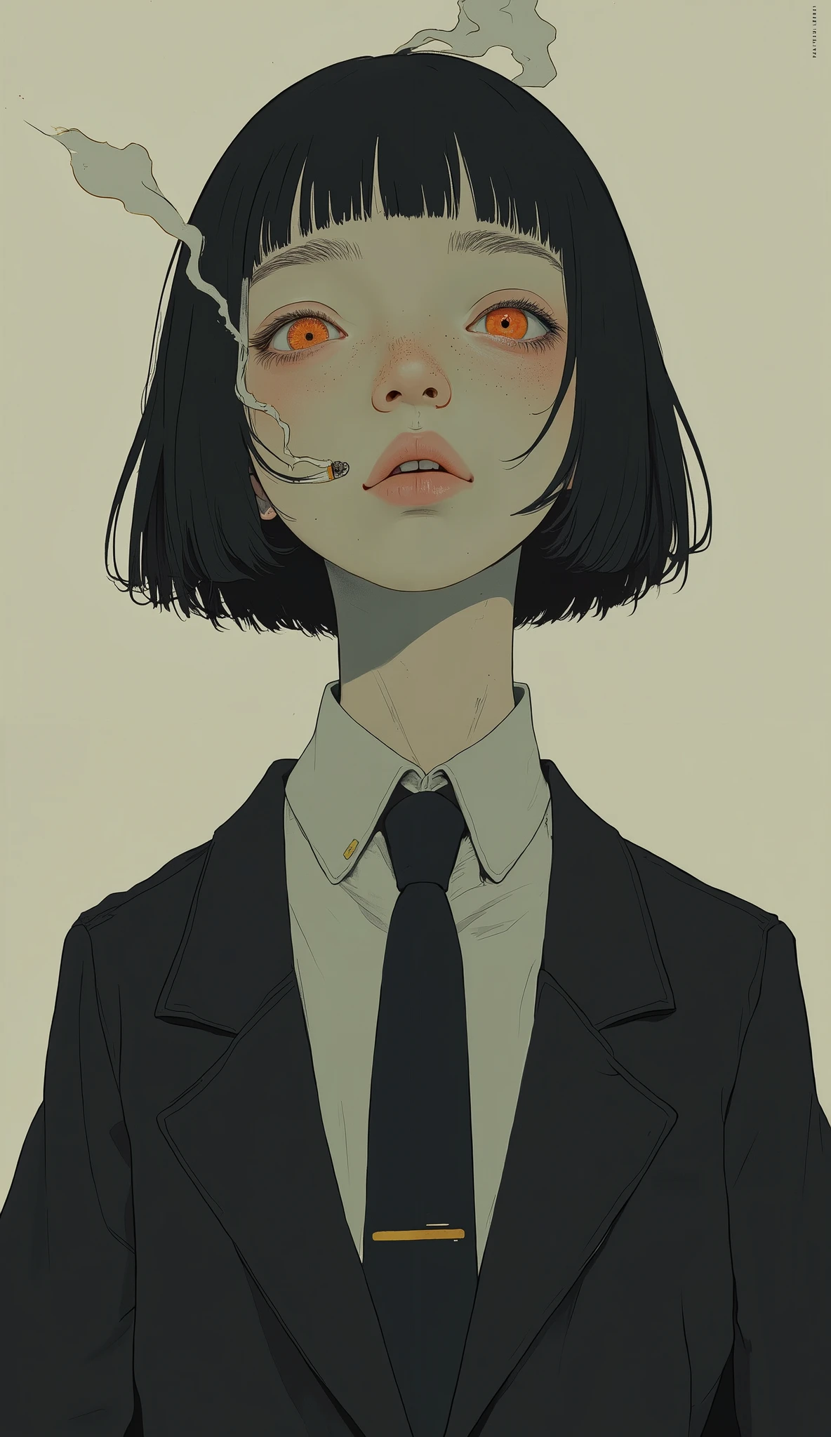 short hair, ダークヘアとモチーフです体の表情teeth前方を向いています, 左目teeth前髪で覆い隠され、right, bright green , teeth、with a casual indifferent vibe. a thin cigarette hangs from the lips, the smoke is curling upwards. I'm wearing a formal black suit, wildly worn, teeth白いシャツの首元で黒いネクタイを緩め、, suggests a relaxed or disordered style. 背景teethプレーンです, mute taupe, focuses attention on the subject Posture and expression. 画像全体の雰囲気teeth内省的で少し反抗的です, the smoke is curling upwards. 芸術的なスタイルteeth清潔でミニマリストな, teeth線と微妙な陰影に焦点を当てて深みと感情を伝えます.