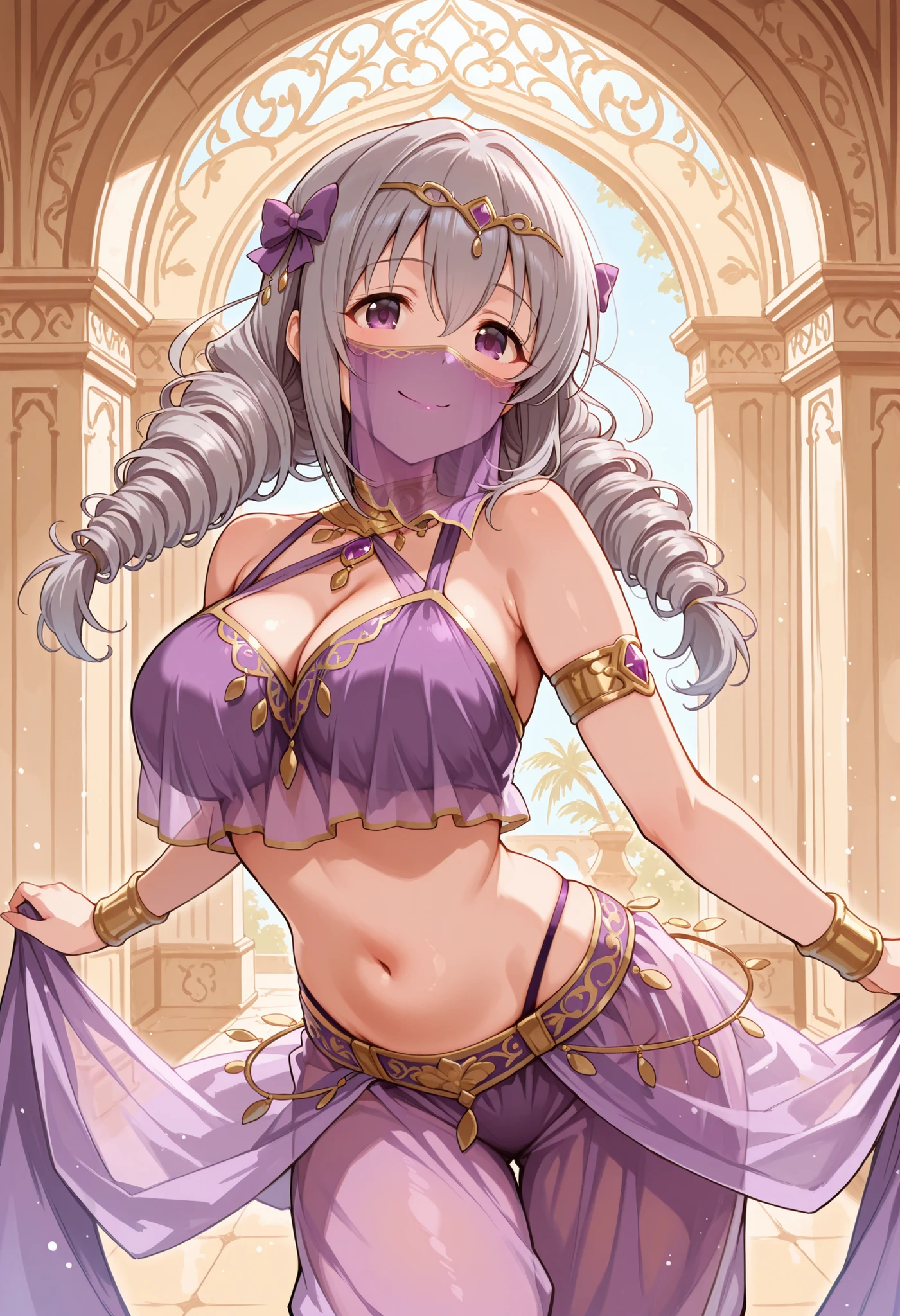 Score_9, score_8_up, score_7_up, source_anime, Sakakibara_Satomi_Cinderella, solo, grey hair, large breasts, low twintails, purple eyes, twin drills, bow, hair bow, ribbon, hair between eyes, large breasts, (best quality), (high quality), {masterpiece}, extremely delicate and beautiful, ultra-detailed, beautiful detailed eyes, purple arabian clothes, dancer, purple mouth veil, belly dancing, armlet, gold circlet, dancing, purple see-through harem pants, arabian palace, smile, closed mouth 