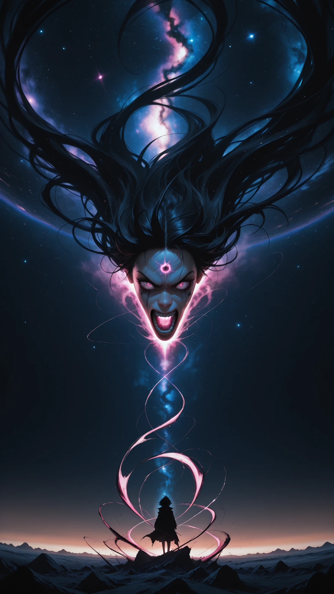 masterpiece, best quality, amazing quality, very aesthetic, absurdres, Relationship Thread Manipulation, rift, tear in fabric, dark, malevolent presence, galaxies spinning, stars streaking, warped space, merged Dang Lam, immense form, looming figure, thunderous voice, determined expression, black hair, pink eyes, gradient background, screaming entity, confrontation, cosmic scale, dramatic scene, ominous atmosphere, high contrast, dynamic lighting, breathtaking vista, narrative depth, immersive environment, captivating visual, settling the score.