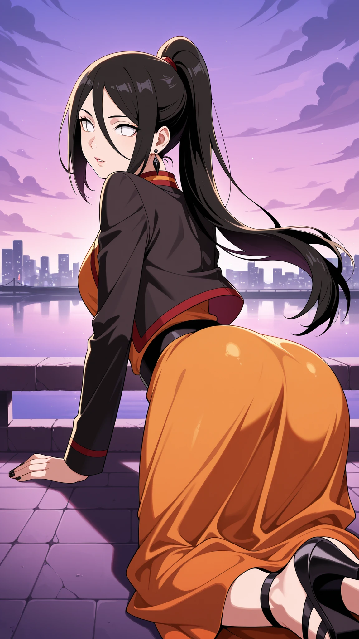 BREAK (masterpiece:1.2),Anime-style New York-inspired city at sunset. Skyscrapers reflect warm orange and deep purple light from the glowing sky. Bridges stretch across a wide river, their silhouettes highlighted against dramatic clouds. The city feels majestic and calm, cinematic wide-angle, highly detailed illustration, vibrant colors, no people, no vehicles, hanabi hyuuga, long hair, black hair, hair between eyes, white eyes, no pupils,simple elegant dress,orange dress,Light flowing fabric, soft pastel tones dress,thin belt,black belt,jawerly,earrings,black jacket,open jacket,floating jacket,ponytail,looking at viewer,portrait,portait shot,seductive expression,seductive pose,floating hair,lying on her stomach, hips slightly raised, arched back, seductive look over shoulder, smooth skin, ultra detailed, 4k,sexy high heeled sandals,black nails,from behind,back photo,from below