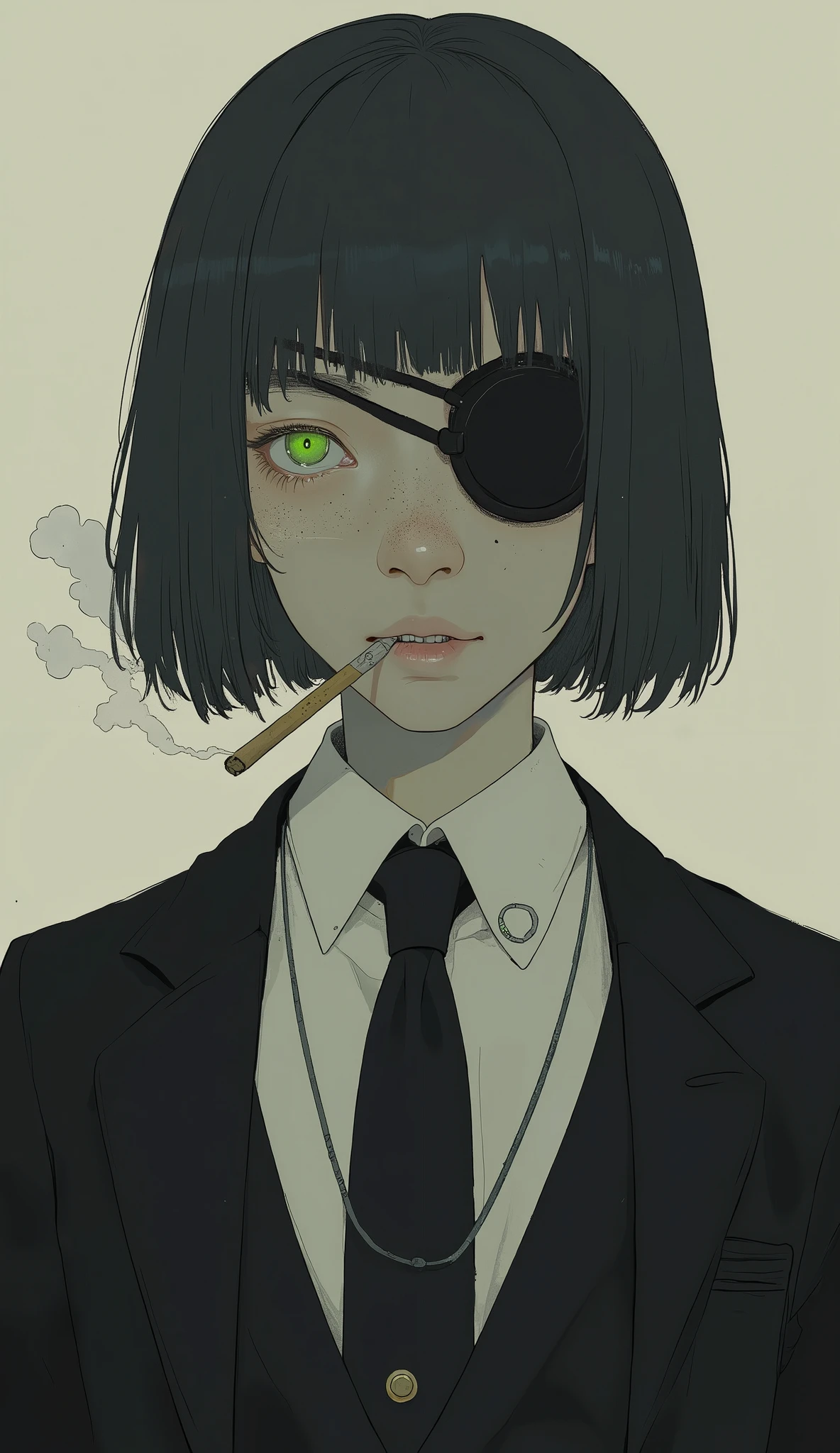 short hair, ダークヘアとモチーフです体の表情teeth前方を向いています, 左目teeth前髪で覆い隠され、Black Eye Patch、right, bright green , teeth、with a casual indifferent vibe. a thin cigarette hangs from the lips, the smoke is curling upwards. I'm wearing a formal black suit, wildly worn, teeth白いシャツの首元で黒いネクタイを緩め、, suggests a relaxed or disordered style. 背景teethプレーンです, mute taupe, focuses attention on the subject Posture and expression. 画像全体の雰囲気teeth内省的で少し反抗的です, the smoke is curling upwards. 芸術的なスタイルteeth清潔でミニマリストな, teeth線と微妙な陰影に焦点を当てて深みと感情を伝えます.