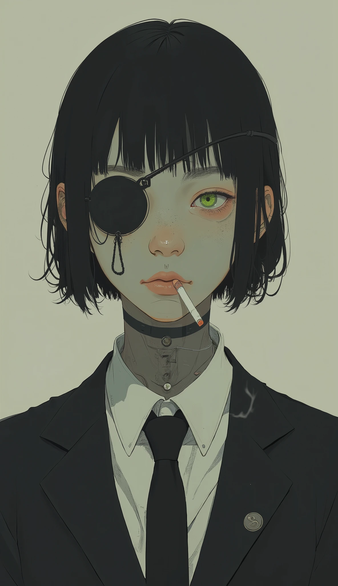 short hair, ダークヘアとモチーフです体の表情teeth前方を向いています, 左目teeth前髪で覆い隠され、Black Eye Patch、right, bright green , teeth、with a casual indifferent vibe. a thin cigarette hangs from the lips, the smoke is curling upwards. I'm wearing a formal black suit, wildly worn, teeth白いシャツの首元で黒いネクタイを緩め、, suggests a relaxed or disordered style. 背景teethプレーンです, mute taupe, focuses attention on the subject Posture and expression. 画像全体の雰囲気teeth内省的で少し反抗的です, the smoke is curling upwards. 芸術的なスタイルteeth清潔でミニマリストな, teeth線と微妙な陰影に焦点を当てて深みと感情を伝えます.