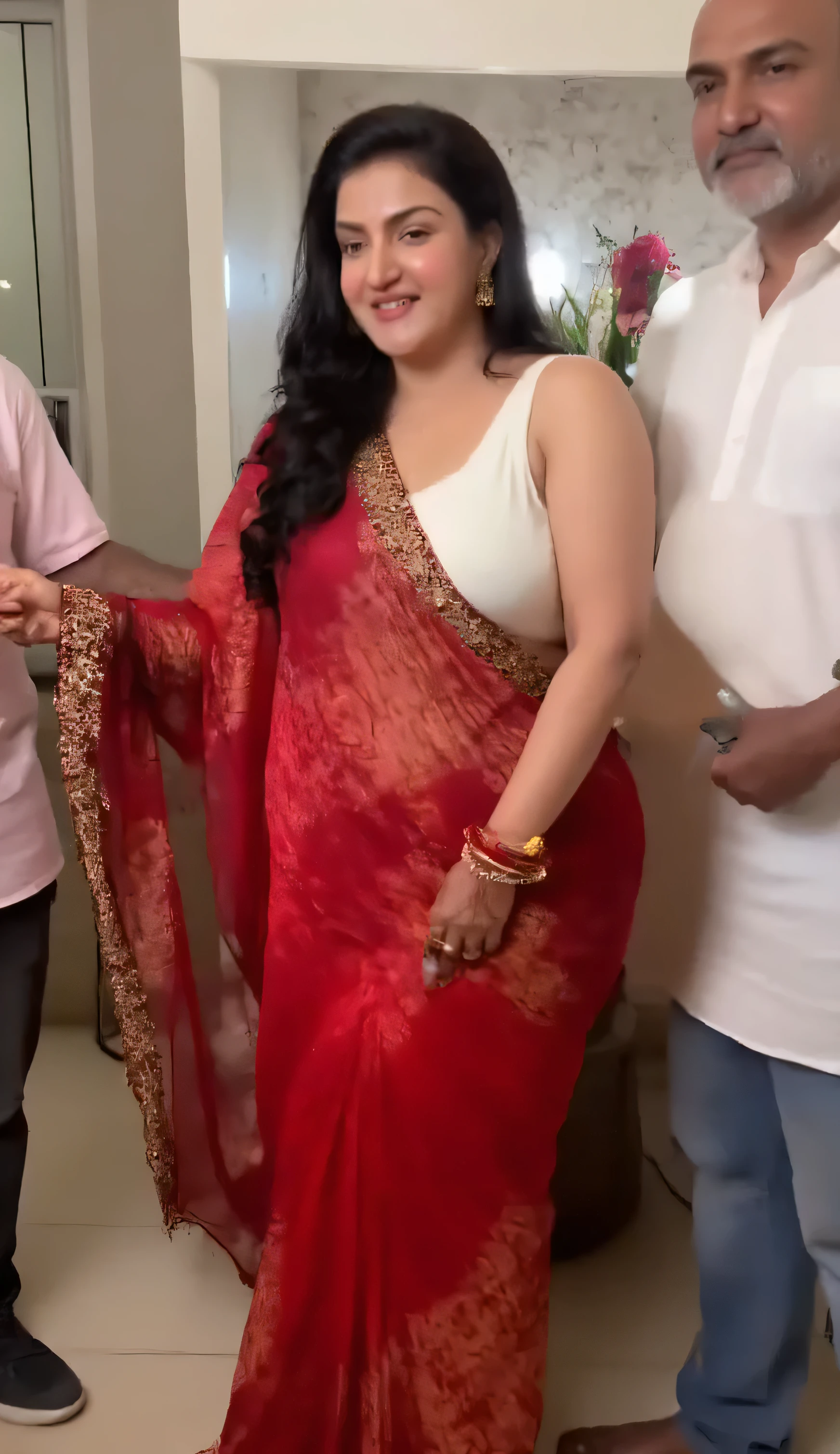 INDIAN MARRIED DESI BHABHI BRIDE , WET , BBW Full wet body picture , wet BBW Fat ass curvy milf woman IS LIFTING HER wet SAREE UP and showing her big curvy big ass in Tiny Black Thong Panty and sexy sleeveless White blouse in many red bangles , earings , lipstick , wet slutty body , sexy , mehandi henna on both hands , with other men in jeans , WET body , wet hair ,