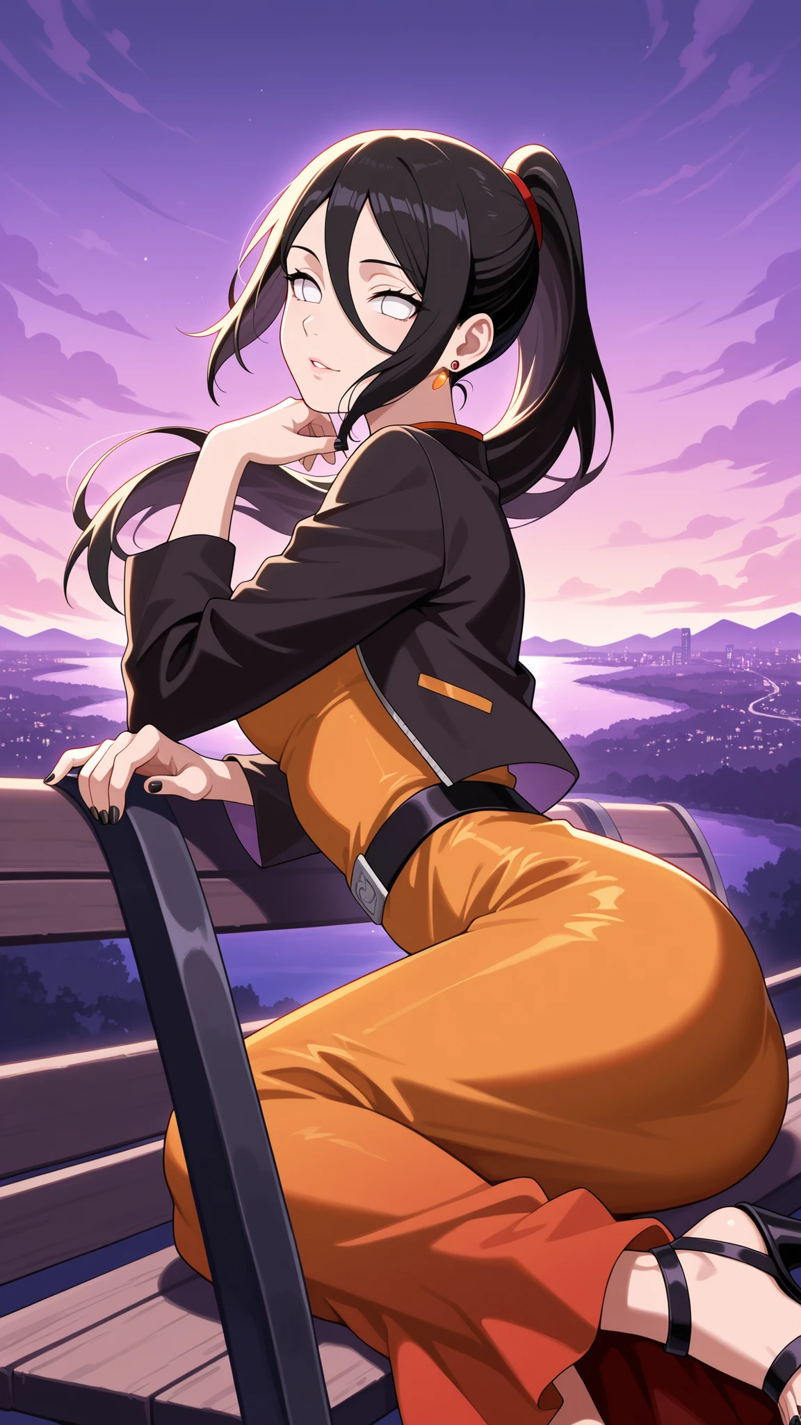 BREAK (masterpiece:1.2),Anime-style New York-inspired city at sunset. Skyscrapers reflect warm orange and deep purple light from the glowing sky. Bridges stretch across a wide river, their silhouettes highlighted against dramatic clouds. The city feels majestic and calm, cinematic wide-angle, highly detailed illustration, vibrant colors, no people, no vehicles, hanabi hyuuga, long hair, black hair, hair between eyes, white eyes, no pupils,simple elegant dress,orange dress,Light flowing fabric, soft pastel tones dress,thin belt,black belt,jawerly,earrings,black jacket,open jacket,floating jacket,ponytail,looking at viewer,portrait,portait shot,seductive expression,seductive pose,floating hair,lying on her stomach,lying on bench, hips slightly raised, arched back, seductive look over shoulder, smooth skin, ultra detailed, 4k,sexy high heeled sandals,black nails,from side