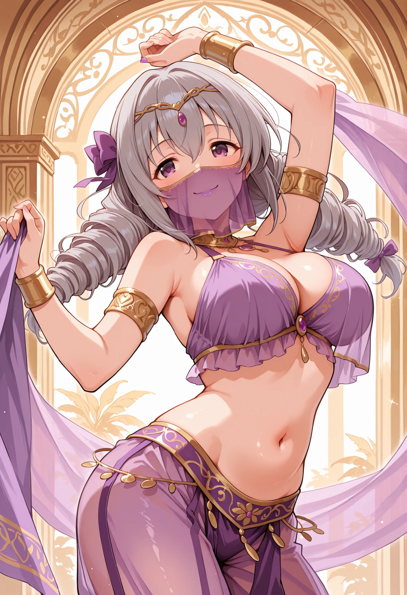 Score_9, score_8_up, score_7_up, source_anime, Sakakibara_Satomi_Cinderella, solo, grey hair, large breasts, low twintails, purple eyes, twin drills, bow, hair bow, ribbon, hair between eyes, large breasts, (best quality), (high quality), {masterpiece}, extremely delicate and beautiful, ultra-detailed, beautiful detailed eyes, purple arabian clothes, dancer, purple mouth veil, belly dancing, armlet, gold circlet, dancing, purple see-through harem pants, arabian palace, smile, closed mouth 