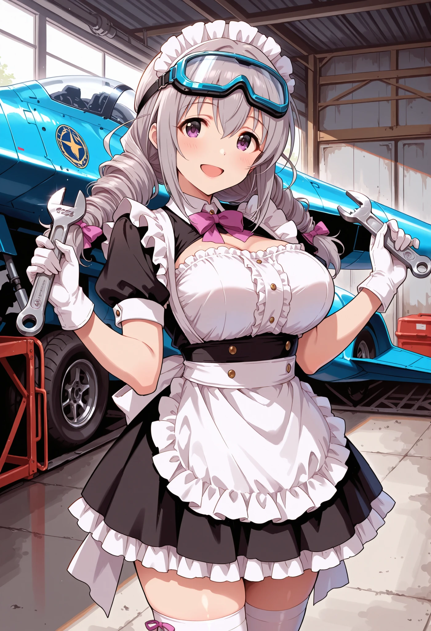 Score_9, score_8_up, score_7_up, source_anime, Sakakibara_Satomi_Cinderella, solo, grey hair, large breasts, low twintails, purple eyes, twin drills, bow, hair bow, ribbon, hair between eyes, large breasts, (best quality), (high quality), {masterpiece}, extremely delicate and beautiful, ultra-detailed, beautiful detailed eyes, maid, black maid costume, short sleeves, puffy sleeves, white headdress, white frilled apron, white working gloves, white thighhighs, protective goggles, garage, fighter jet, holding wrench, smile, open mouth, standing