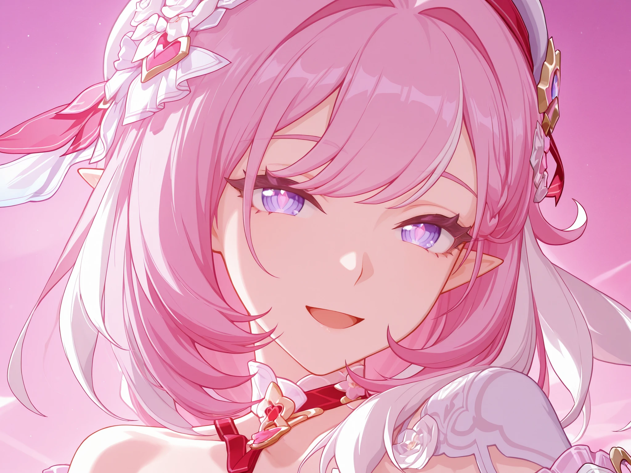 elysia \(messenger of love) (honkai impact\),honkai \(series\),1girl,solo,pink hair,purple eyes,hair ornament,white headwear(beret),smile,
全身:elysia \(messenger of love) (honkai impact\),honkai \(series\),1girl,solo,pink hair, purple eyes,hair ornament,white headwear(beret),smile,
breasts,Elysia's iconic white frilled off-shoulder top (lace trim, pastel pink accents), looking at viewer, side, portrait, pointy ears, :D