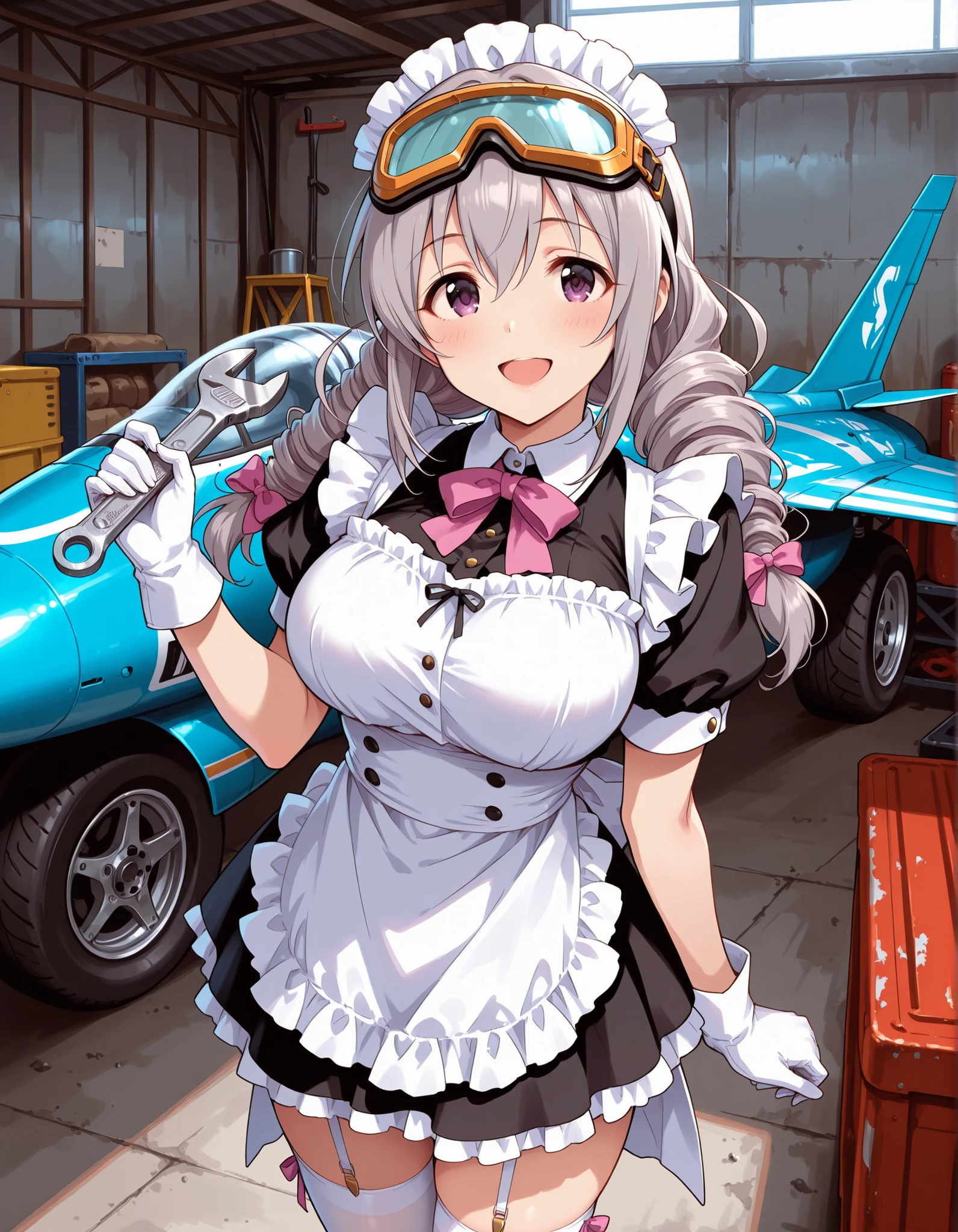 Score_9, score_8_up, score_7_up, source_anime, Sakakibara_Satomi_Cinderella, solo, grey hair, large breasts, low twintails, purple eyes, twin drills, bow, hair bow, ribbon, hair between eyes, large breasts, (best quality), (high quality), {masterpiece}, extremely delicate and beautiful, ultra-detailed, beautiful detailed eyes, maid, black maid costume, short sleeves, puffy sleeves, white headdress, white frilled apron, white working gloves, white thighhighs, protective goggles, garage, fighter jet, holding wrench, smile, open mouth, standing