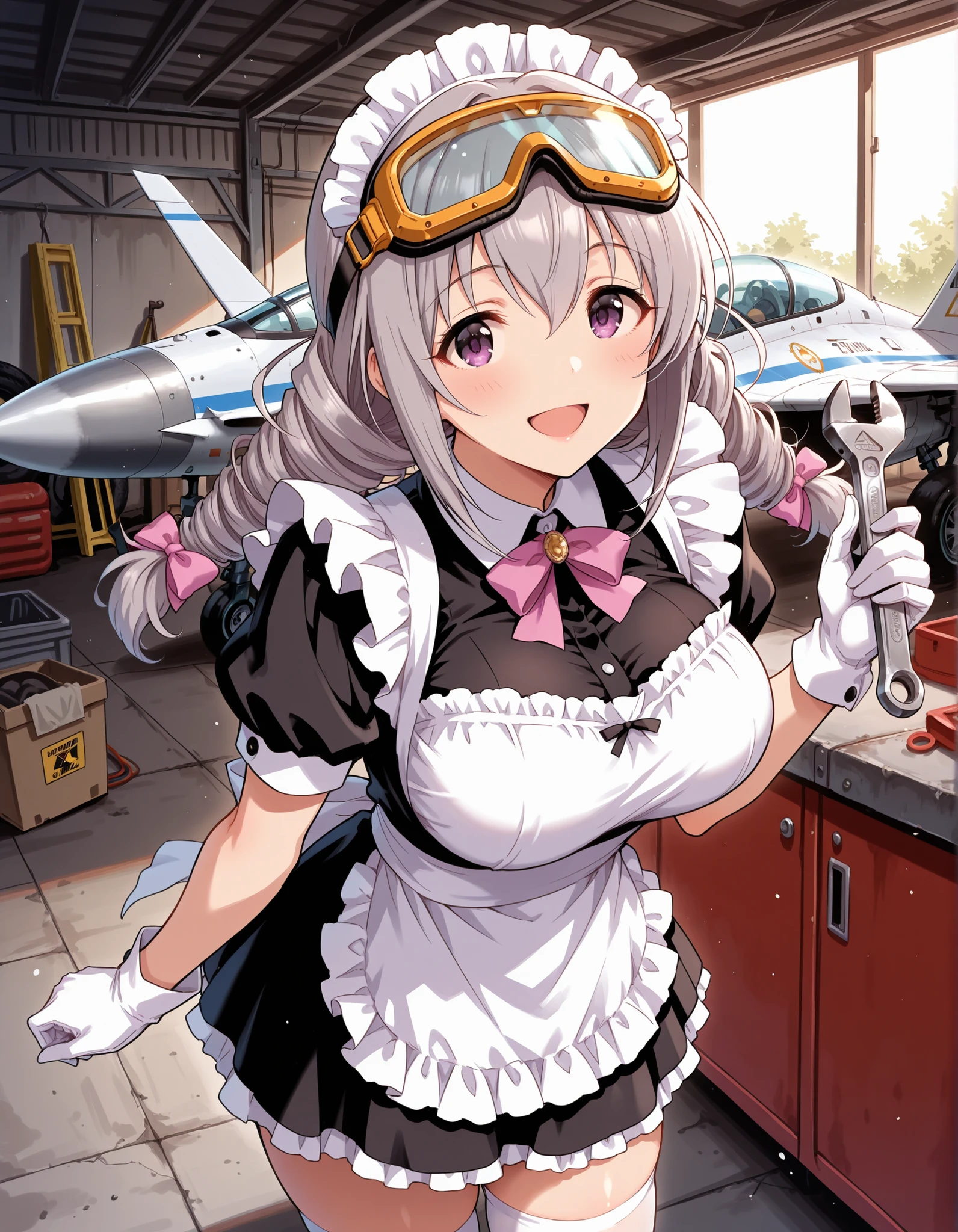 Score_9, score_8_up, score_7_up, source_anime, Sakakibara_Satomi_Cinderella, solo, grey hair, large breasts, low twintails, purple eyes, twin drills, bow, hair bow, ribbon, hair between eyes, large breasts, (best quality), (high quality), {masterpiece}, extremely delicate and beautiful, ultra-detailed, beautiful detailed eyes, maid, black maid costume, short sleeves, puffy sleeves, white headdress, white frilled apron, white working gloves, white thighhighs, protective goggles, garage, fighter jet, holding wrench, smile, open mouth, standing