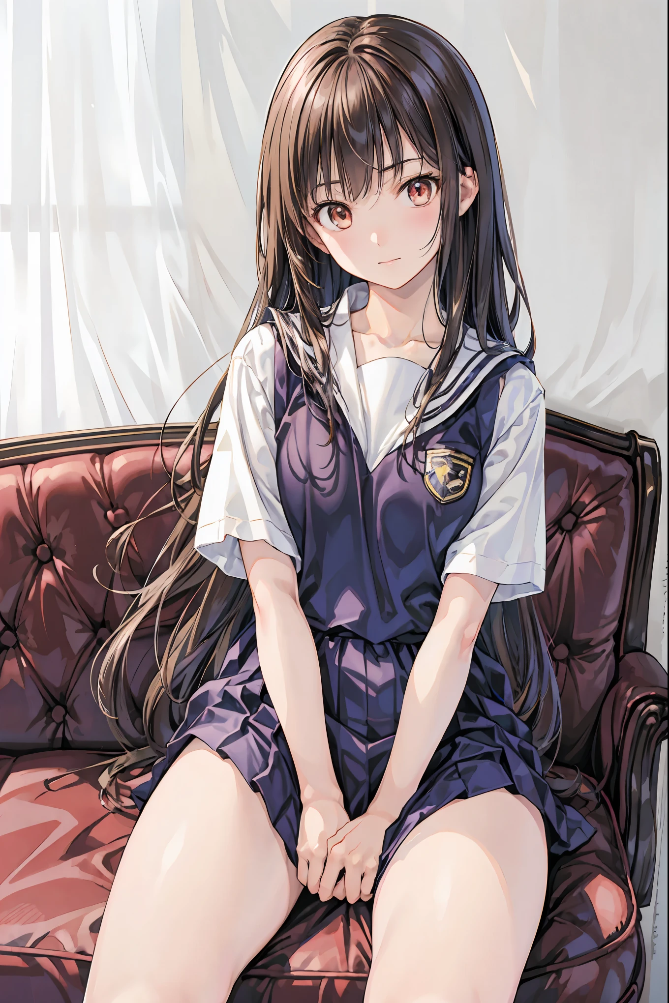 Highest Quality, face focus, soft lights, ultra high res, (Photorealistic:1.4), original pictures,
1 Japanese girl from above at close range, solo, cute, (pupil, Individual Eye Light), Motorcycle Rocket Cowl Modification, (Tiny Chest),(Human Skin Texture High Resolution Details),
(Boro-Yado's long hair),
Sit Couch,
School Uniform, charcoal vest, skirt,
(Upper Thigh)