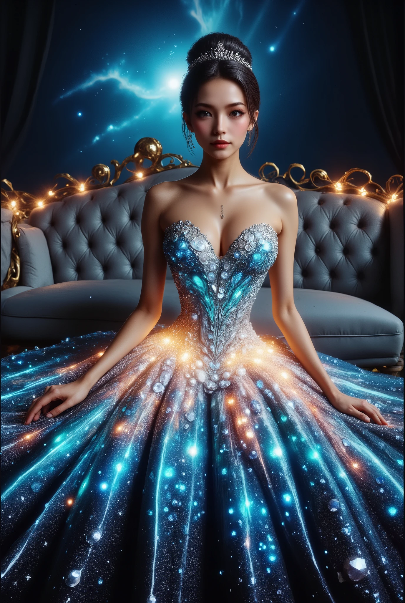 A beautiful Asian idol girl with white skin, douyin-style makeup face, eyelashes, With fake giant breasts, blue eyes, shiny body, wet body, cleavage, wearing a tight strapless aurora dress that presses the breasts, with a sexy and slim body, a small waist, flame dress, Shiny clothing, metalic stell clothing, sitting in space, UHD, luxurious dress, a dress decorated with pearls, diamonds, jewels, and flowers, a dress emitting light, the most elegant and extraordinary dress, a fantasy dress, a beautiful digital artwork, a beautiful fantasy empress, wearing a strapless dress made of beads and carbon fiber, a photo with very sharp details, the best quality: 1.2),, (8k, high resolution, RAW photo, realistic, photo-realistic: 1.3), (detailed skin texture, detailed fabric texture, detailed element texture, exquisite detailed face: 1.25), professional lighting, photon mapping, beautiful soft light, radiosity, physically based rendering, raytracing, model shooting style, model shooting style, (highly detailed 8k unity CG Wallpaper), the most beautiful artwork in the world. (Body Navel) (chest push up) (nipple).