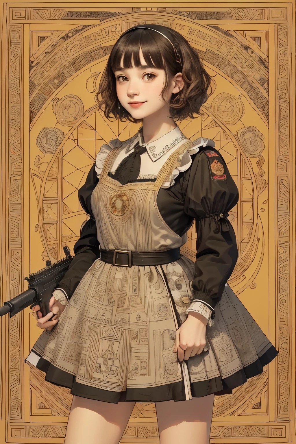 408 (a coloring book), (housemaid soldiers),((18 year old woman)),((18 year old man)),((a line drawing for coloring-in)),(short hair),(Shortcut),(Neat hair),(super high image quality at sea level),(Rembrandt painting),(Archaic smile),2025.09.21,((machine guns & geometric pattern background))