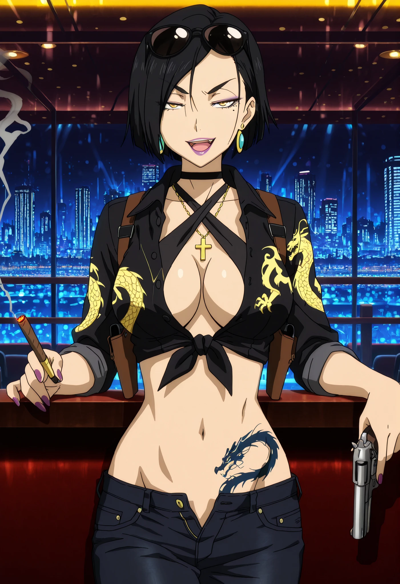 masterpiece, best quality, amazing quality,,  aria sanka, short hair, , black hair, mole, mole under eye, makeup, mature female,, anime screencap, , jewelry, earrings, necklace,, lipstick, ,  slooking at viewer, holding, holding cigarrette, smoking, nail polish , , makeup , ear piercing ,  , lipstick , Hot girl , baddie , smoking , sensual , attractive , choker ,  cross necklace , bar background, inside bar, indoors, cityscape, casino, nightclub, city lights,, , necklace, bar background, inside bar, indoors, cityscape, casino, nightclub, city lights,,
pull_down jeans(show off panties,:1.2, no panties),masterpiece,high
quality,4k,belly,,holding pistol,cleavage, tied shirt,,unbuttoned shirt, collared shirt, knot,
smile, open mouth, () , evil expression,belly, exposed navel, exposed
midriff, exposed lower belly,dragon print jacket, unbuttoned jeans , low rise black jeans,
Low rise jeans with open fly, motorcycle jacket, criss-cross halter with center opening,
shoulder holster,,, sunglasses on head , medium , waist dragon tattoo, narrowed eyes, tattoo waist, , anime screencap , anime coloring, looking at viewer , v-shaped eyebrows,