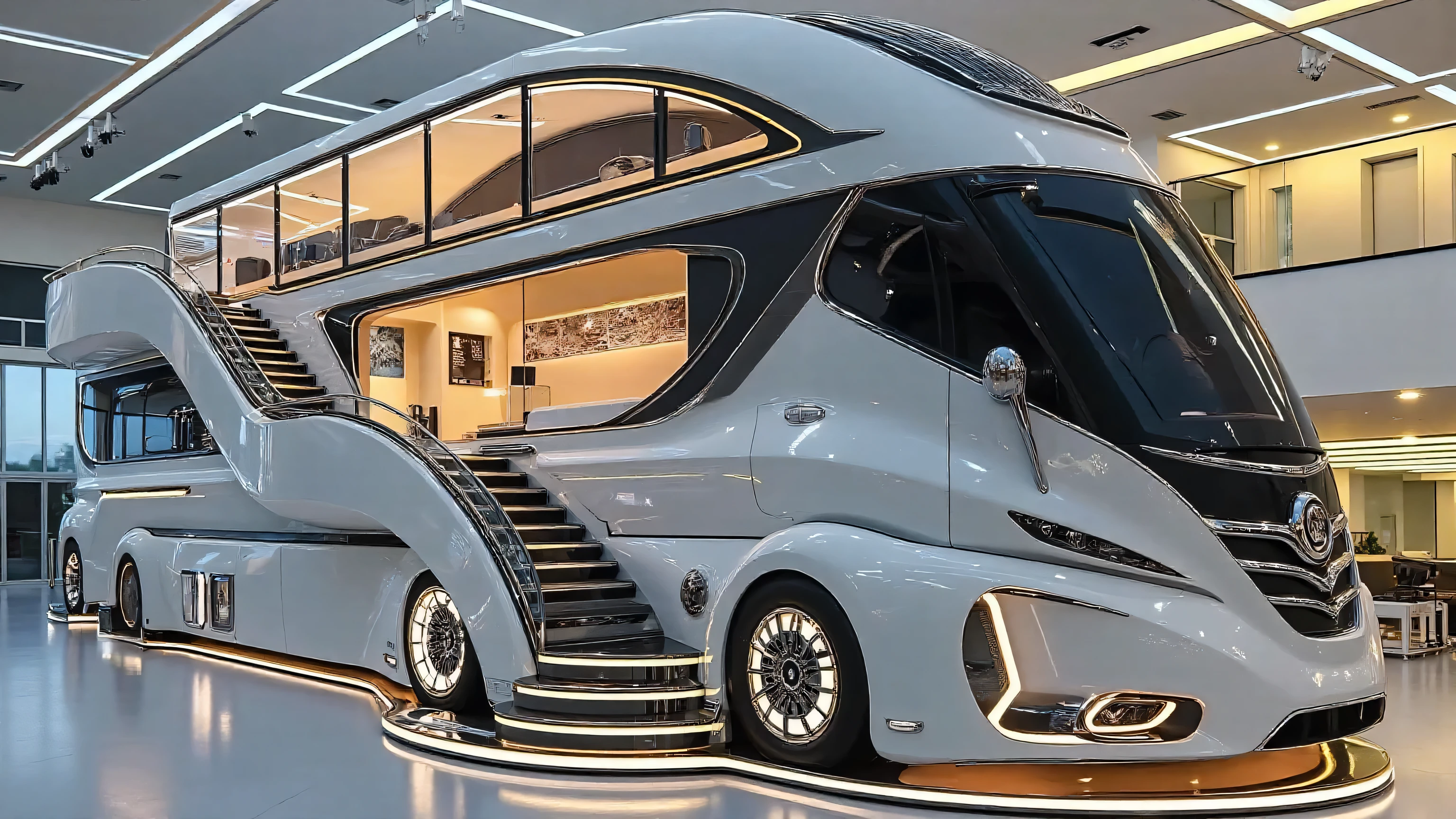 DE_style,A futuristic luxury motorhome displayed inside a spacious, modern showroom under bright daylight illumination. The motorhome has an ultra-modern aerodynamic design with a glossy white exterior finish and elegant black accents. The front is rounded and sleek, featuring a wide, dark-tinted panoramic windshield that curves smoothly into the body. The front grille has a bold chrome design with horizontal slats and a central emblem, flanked by slim, futuristic LED headlights.

The motorhome has two levels: the lower floor with large tinted glass windows framed by black outlines, and an upper floor with expansive curved windows. A wide, illuminated staircase with glowing white LED strips runs from the side of the vehicle up to the second level, giving it a futuristic yacht-like appearance. The side walls are clean and smooth, with minimal lines and integrated compartments. Large, polished chrome wheels with intricate patterns add to the premium design.

The interior is visible through the windows, showcasing a warm, ambient-lit lounge with modern furniture, ceiling strip lights, and a luxurious atmosphere. Soft yellow-orange lighting creates a cozy contrast against the sleek white and chrome exterior.

The showroom background is spacious and elegant, with white glossy marble flooring, high ceilings, recessed lighting, and modern architecture featuring glass railings, large open spaces, and multiple levels. The ceiling has integrated spotlights illuminating the motorhome. Reflections of light highlight the glossy surfaces of both the showroom floor and the vehicle.

The entire composition should emphasize futuristic luxury, innovation, and exclusivity, making the motorhome appear like a blend between a private jet, a yacht, and a luxury RV.