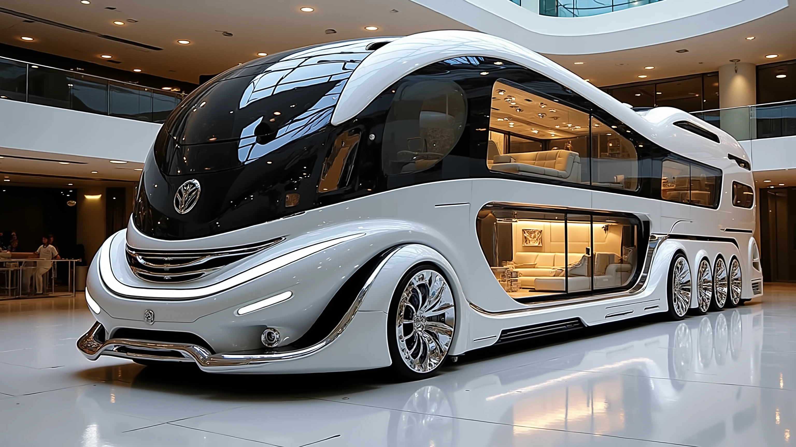 DE_style,A futuristic luxury motorhome displayed inside a spacious, modern showroom under bright daylight illumination. The motorhome has an ultra-modern aerodynamic design with a glossy white exterior finish and elegant black accents. The front is rounded and sleek, featuring a wide, dark-tinted panoramic windshield that curves smoothly into the body. The front grille has a bold chrome design with horizontal slats and a central emblem, flanked by slim, futuristic LED headlights.

The motorhome has two levels: the lower floor with large tinted glass windows framed by black outlines, and an upper floor with expansive curved windows. A wide, illuminated staircase with glowing white LED strips runs from the side of the vehicle up to the second level, giving it a futuristic yacht-like appearance. The side walls are clean and smooth, with minimal lines and integrated compartments. Large, polished chrome wheels with intricate patterns add to the premium design.

The interior is visible through the windows, showcasing a warm, ambient-lit lounge with modern furniture, ceiling strip lights, and a luxurious atmosphere. Soft yellow-orange lighting creates a cozy contrast against the sleek white and chrome exterior.

The showroom background is spacious and elegant, with white glossy marble flooring, high ceilings, recessed lighting, and modern architecture featuring glass railings, large open spaces, and multiple levels. The ceiling has integrated spotlights illuminating the motorhome. Reflections of light highlight the glossy surfaces of both the showroom floor and the vehicle.

The entire composition should emphasize futuristic luxury, innovation, and exclusivity, making the motorhome appear like a blend between a private jet, a yacht, and a luxury RV.