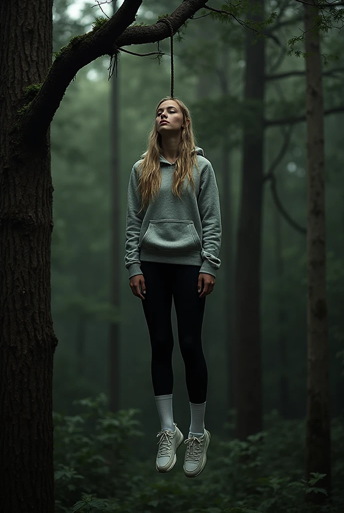 Twenty year old woman, wavy brown hair tied in a low ponytail, blue eyes, calm and serene look, freckles on cheeks and long eyelashes, wear a green sweater and jeans, black boots. They see her attractive and mature. He is walking in a dark and spooky forest at night. 