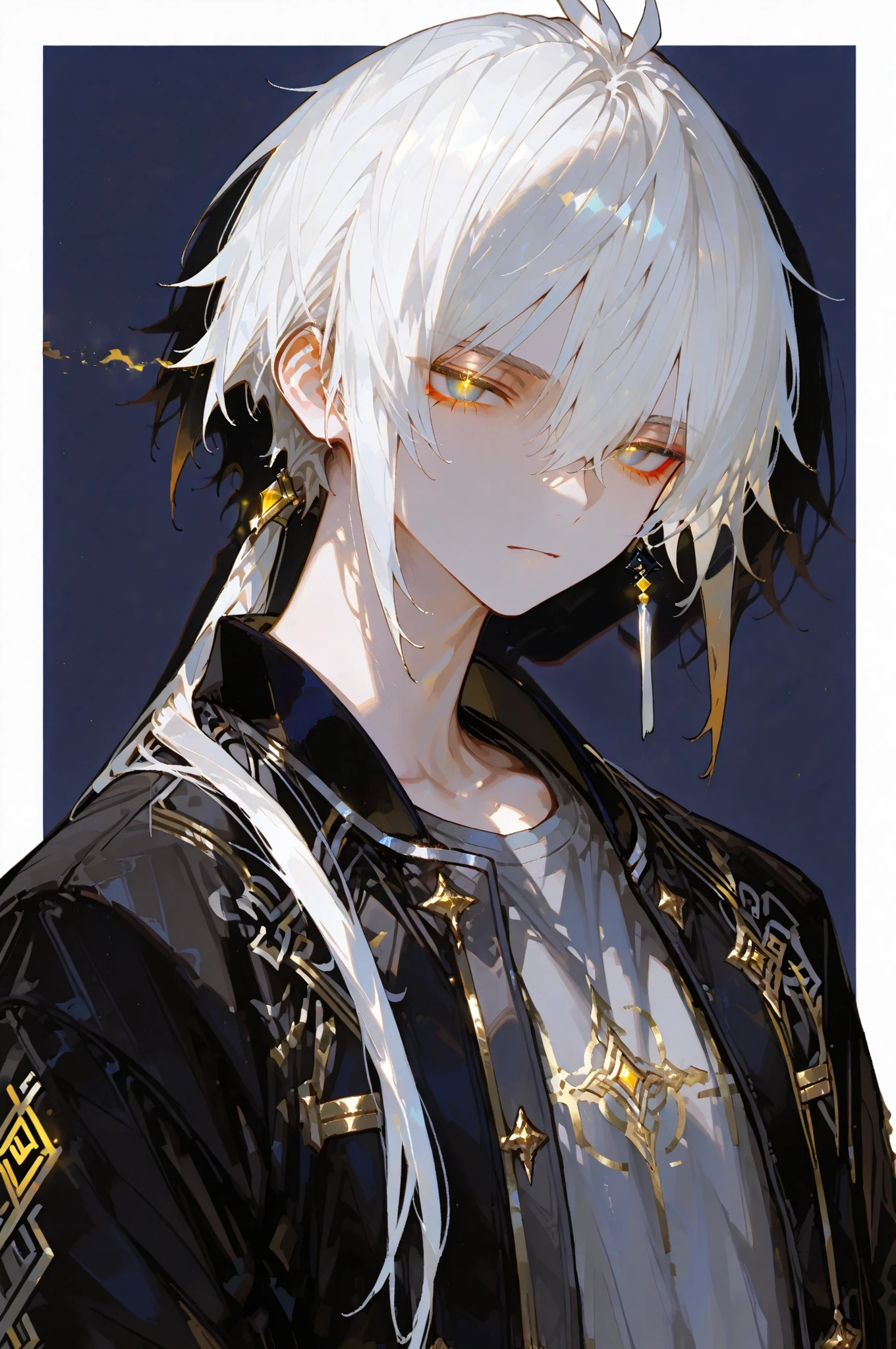 zhongli, low ponytail, yellow eyes, red eyeliner,,748cmstyle,Top quality, masterpiece, original photo, ultra-high resolution, ultra-high quality, super detail, 8k picture quality, ultimate quality, detailed description, fine and detailed beautiful eyes: 1.2, detailed and beautiful face, extremely detailed cg,***********Milutel, 1 boy, male focus, solo, blue eyes, white hair, bangs, hair between eyebrows, long hair, shirt, grey shirt, jacket, black jacket, open jacket, open clothes, cropped jacket, dark face, (glowing eyes :0,5) Cinematic shadow, white border, dark blue background