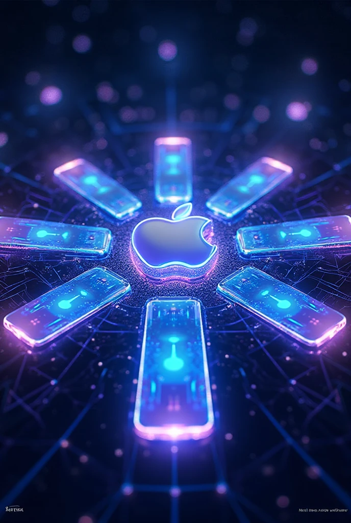A futuristic digital artwork with multiple glowing Apple logos and ...