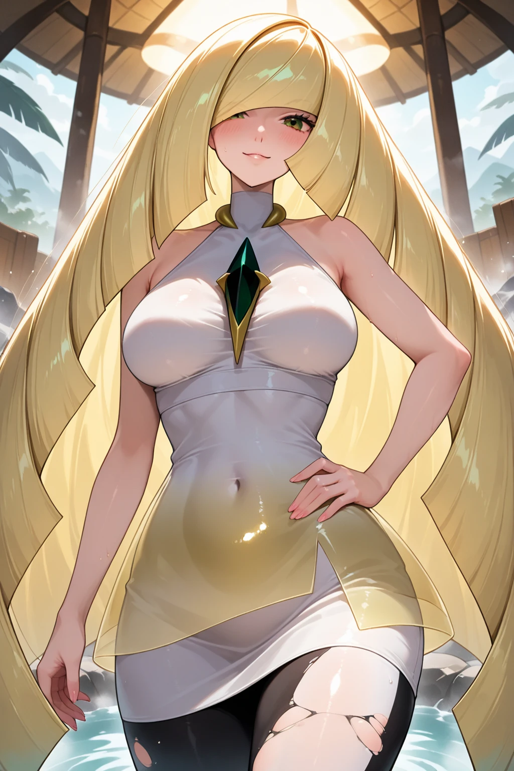 <lora:lusamine lora:1>, lusamine, 1girl, masterpiece, solo, cowboy shot, looking at viewer, smile, closed mouth